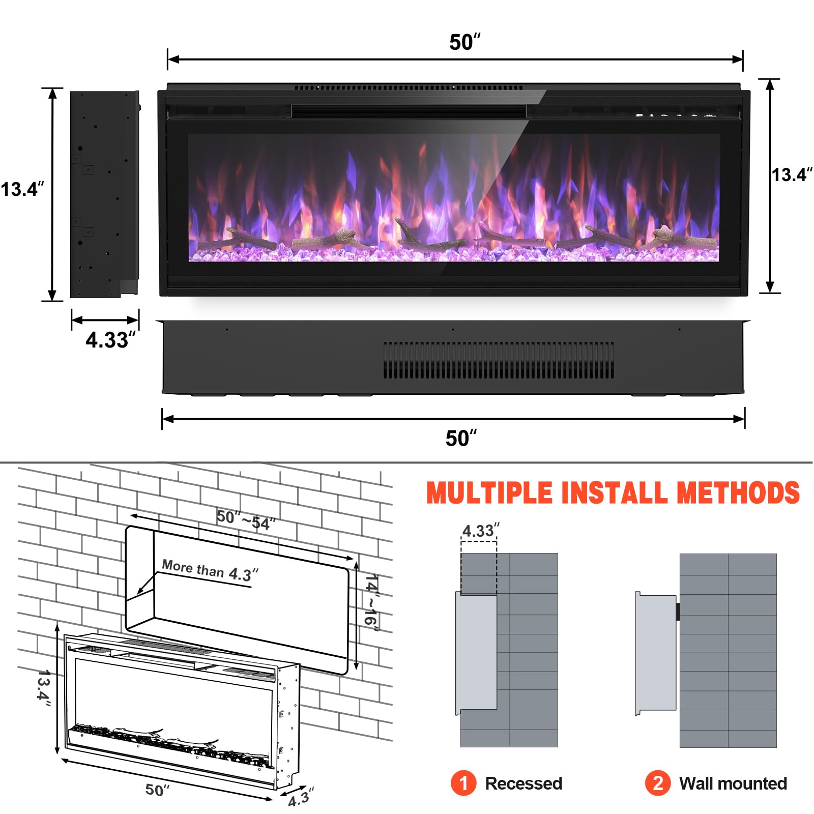 50 Inch Recessed Electric Fireplace with Remote - Wall Mounted Heater with Adjustable Flame Colors & Timer (750W/1500W) - Perfect for Living Room, Bedroom & Office - Black