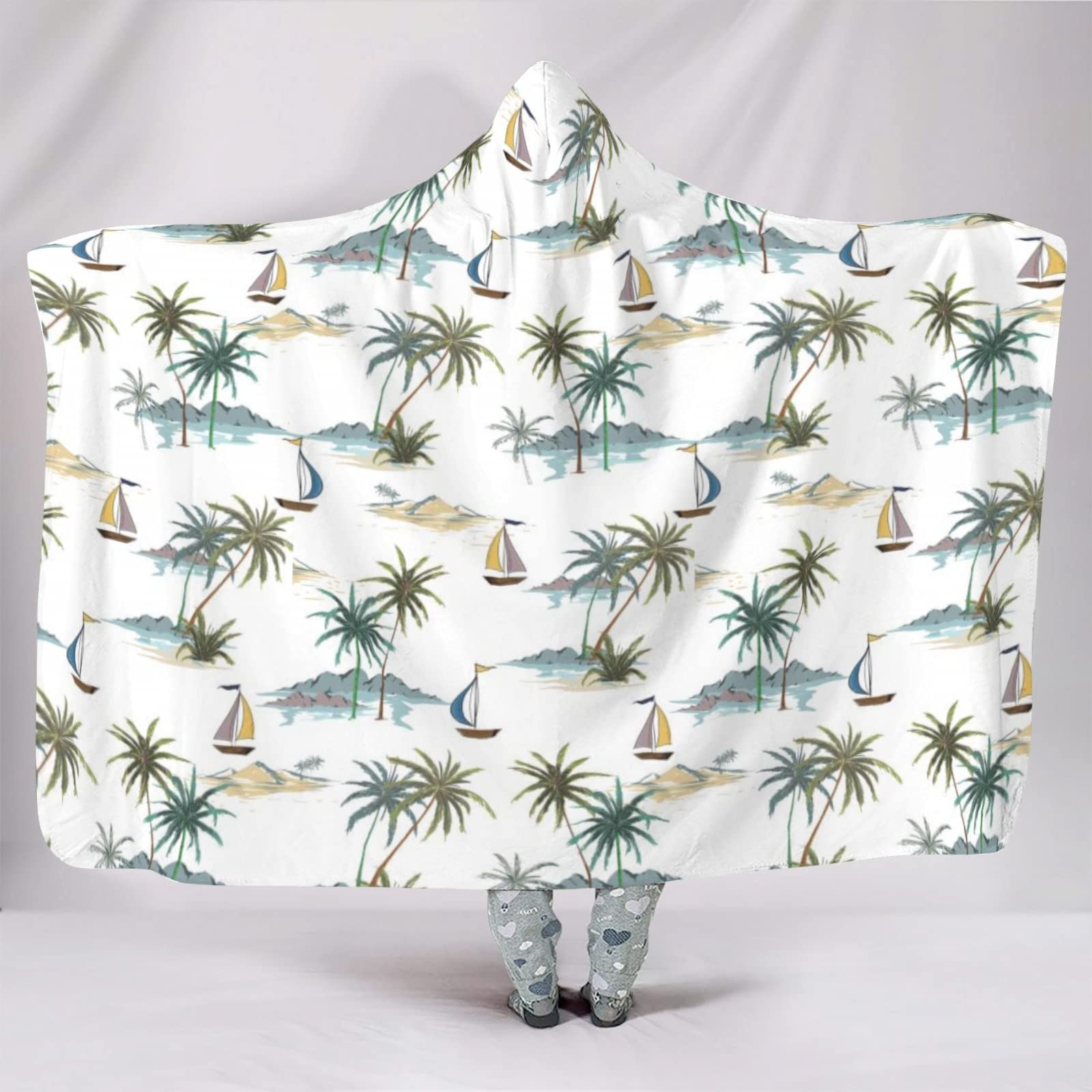 Goodqueen Sailboat Tropical Trees Hooded Blanket - Super Soft Flannel Wearable Blanket Wrap for Adults & Kids - Warm Hoodie Blanket 60x80 Inch - Perfect for Cozy Nights, Movie Time, Camping & All Seasons