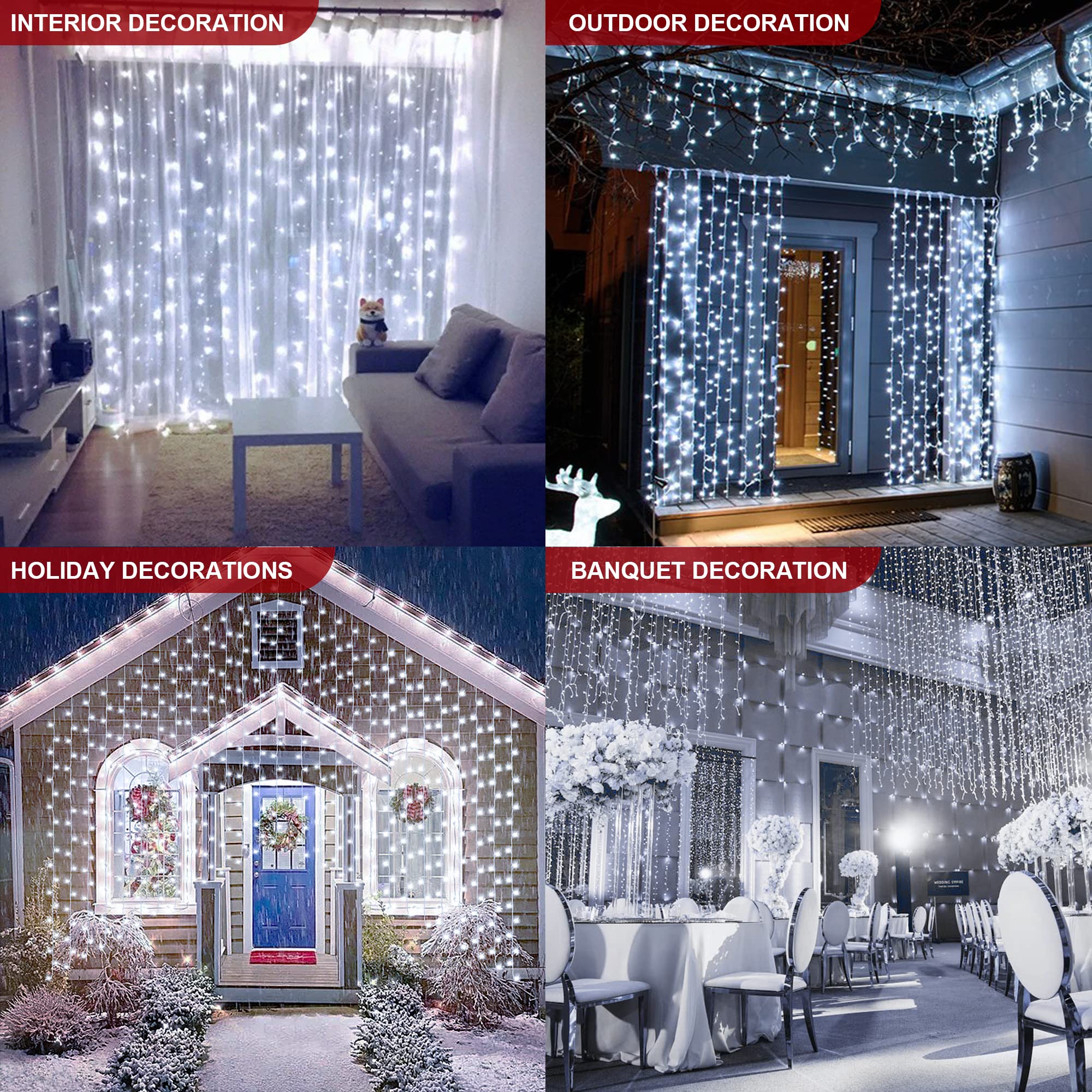 Oopswow 304L Stainless Steel Curtain String Lights - 9.8ft x 9.8ft 8 Modes Fairy Lights for Bedroom, Window, Wedding, Christmas Decor - Indoor/Outdoor Plug-in Twinkle Lights for Party Backdrop, Wall Decor & Romantic Ambiance