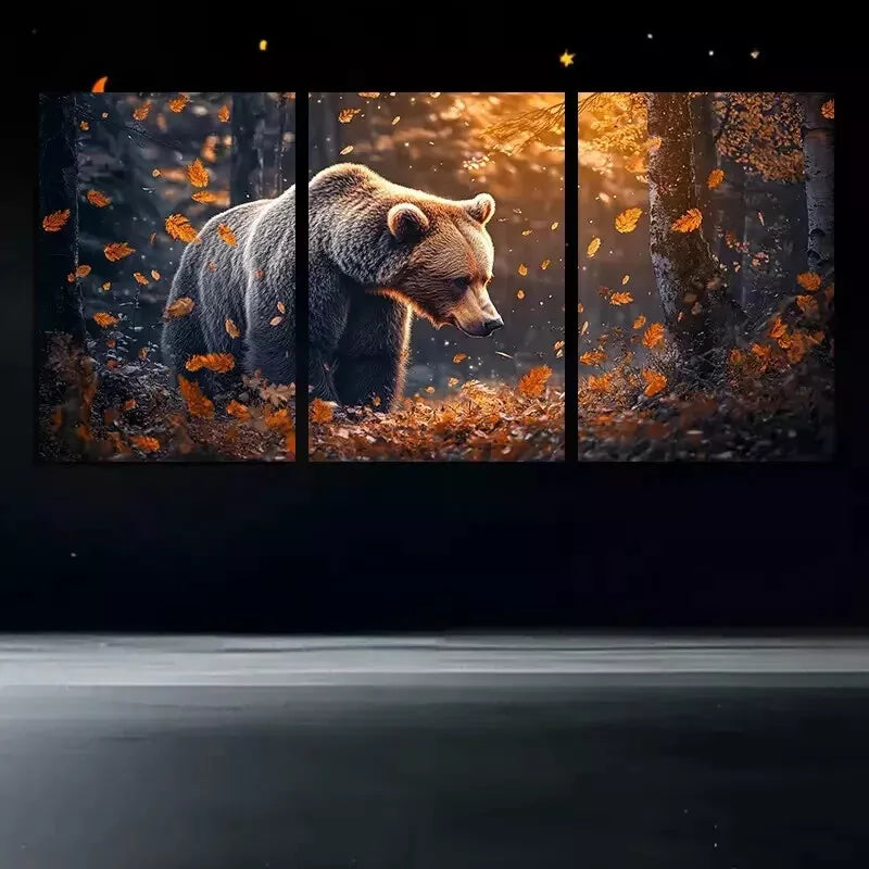 3-Piece Bear in Autumn Leaves Wall Art Set - Framed Canvas 50x70cm (19.7x27.6in) - High Quality Print - 100% Australian Made - Ready to Hang - Perfect for Living Room, Bedroom & Office Decor