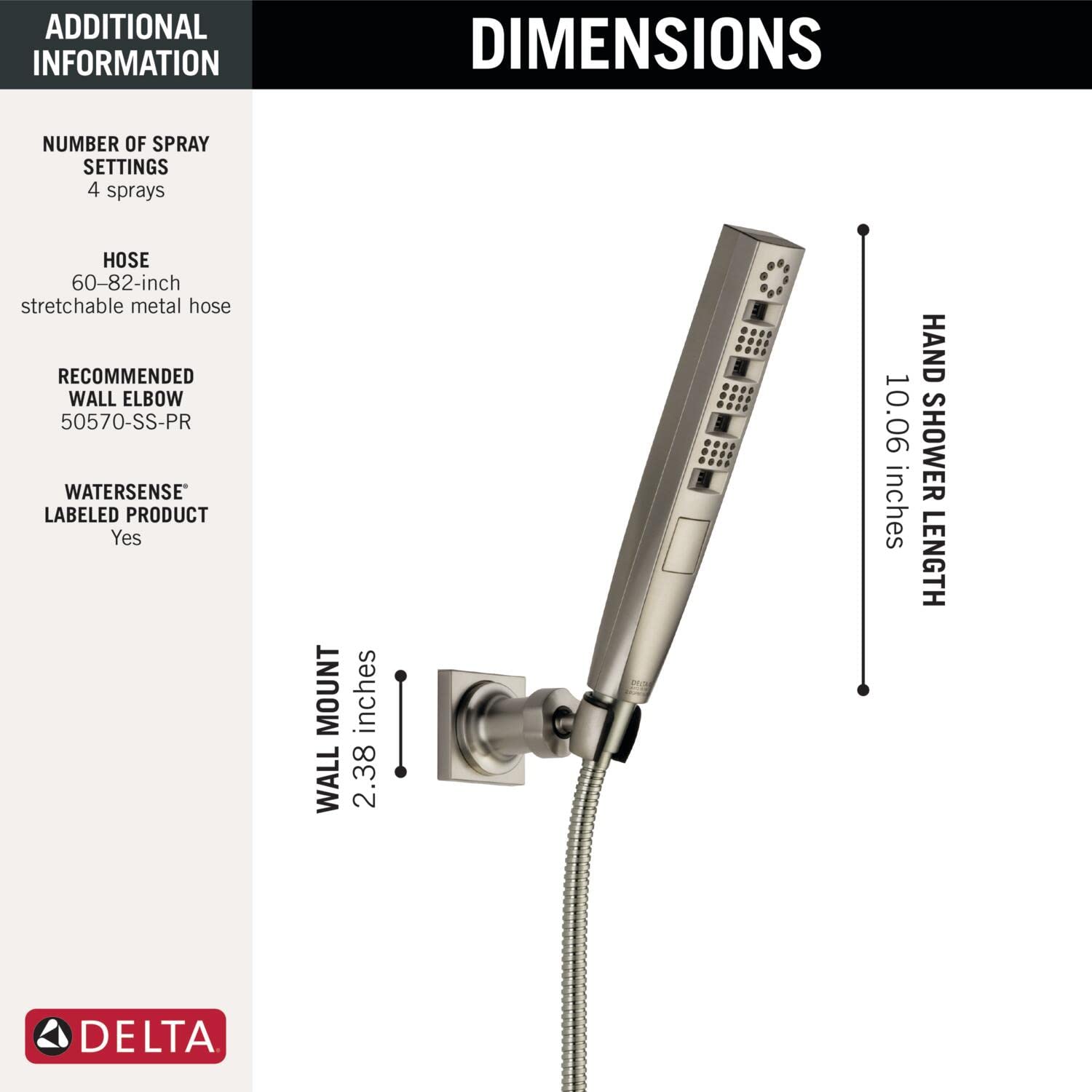 Delta Faucet Tetra H2Okinetic Handheld Shower Head with Hose - Brushed Nickel Detachable Shower Head with Lumicoat Stainless Steel Finish (Model 55140-SS-PR) - Perfect for Bathroom, Spa-Like Shower Experience, and Easy Cleaning