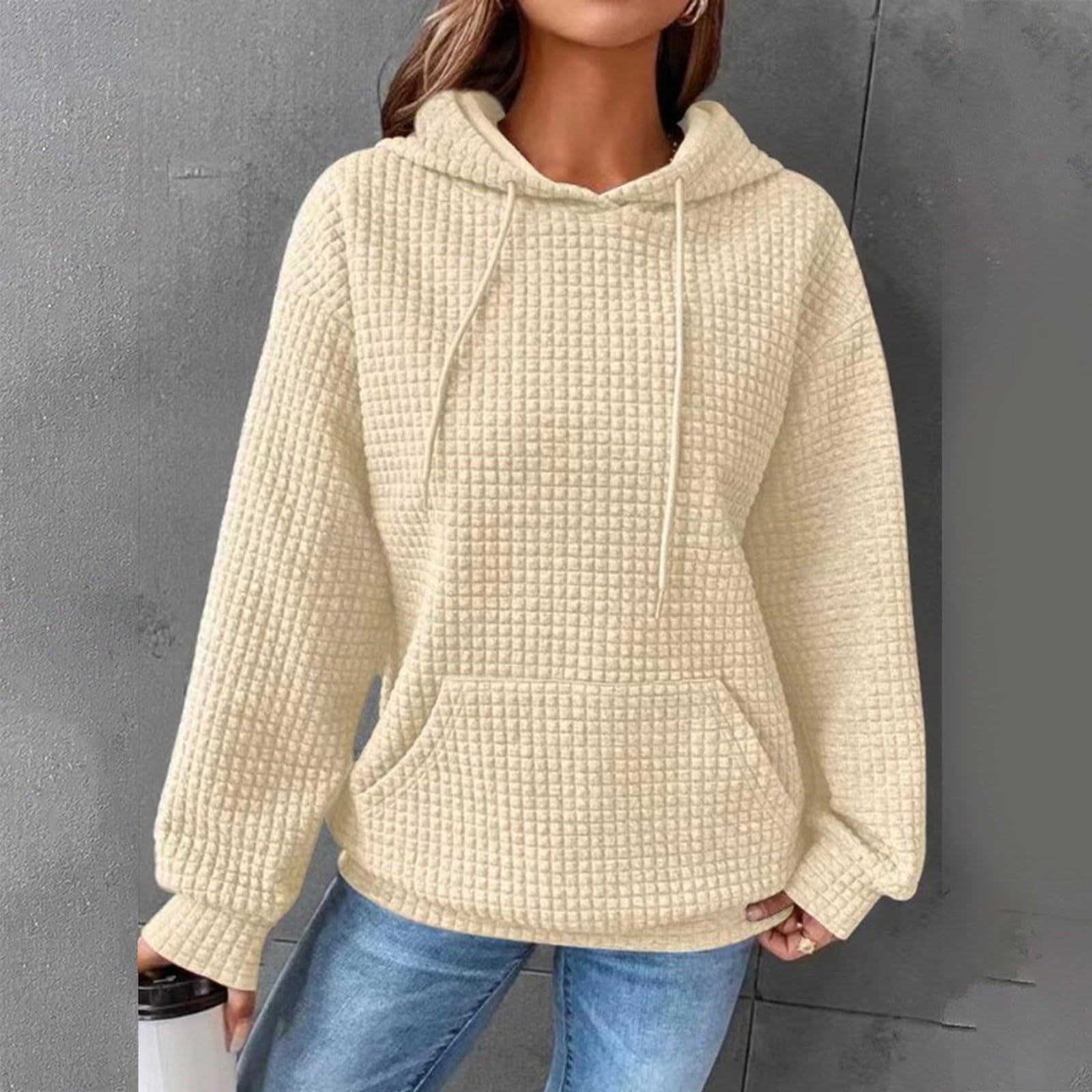 Women's Casual Waffle Knit Hoodie - Drawstring Pullover Sweatshirt | Fall Fashion 2024 Trendy Loose Fit Comfy Clothes | Perfect for Autumn Outings, Coffee Dates & Cozy Loungewear