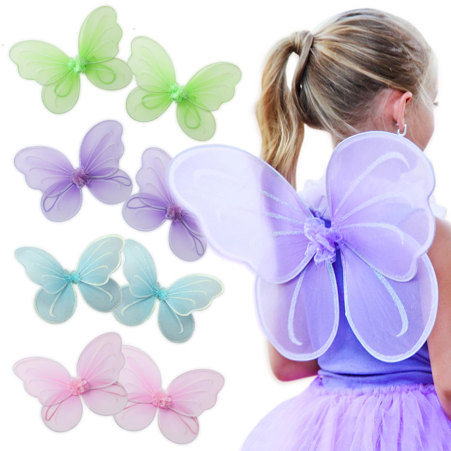 Butterfly Fairy Wings for Girls - Angel & Butterfly Costume Accessories for Halloween, Birthday Parties, Dress Up - Blue, Green, Pink, Purple - Perfect for Photo Shoots, Cosplay & Fantasy Play