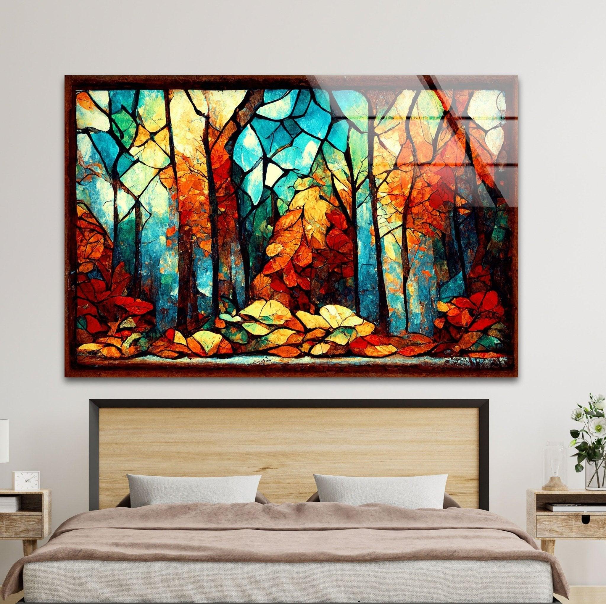 Autumn Forest Stained Glass Wall Art - Handmade Nature Inspired Window Hanging Decor for Living Room, Bedroom & Office - Perfect for Home Decor, Gifts & Meditation Spaces