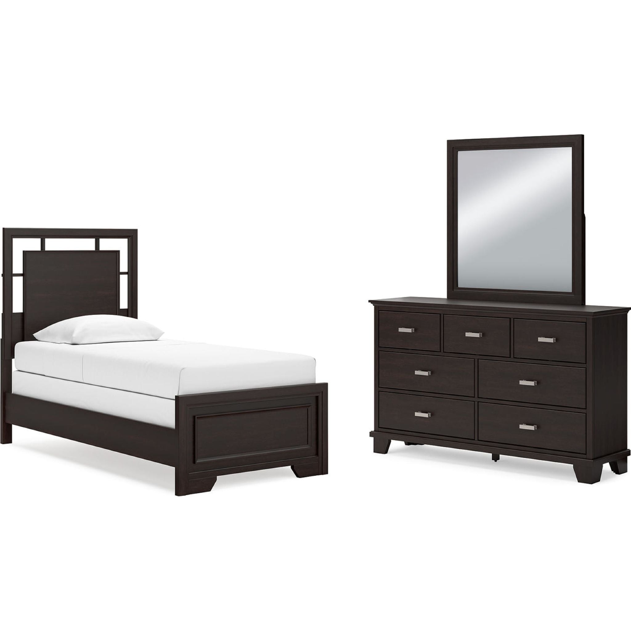 Covetown 5-Piece Twin Panel Bedroom Set - Modern Wooden Bed Frame with Nightstand and Dresser for Small Space, Kids Room & Guest Bedroom Decor