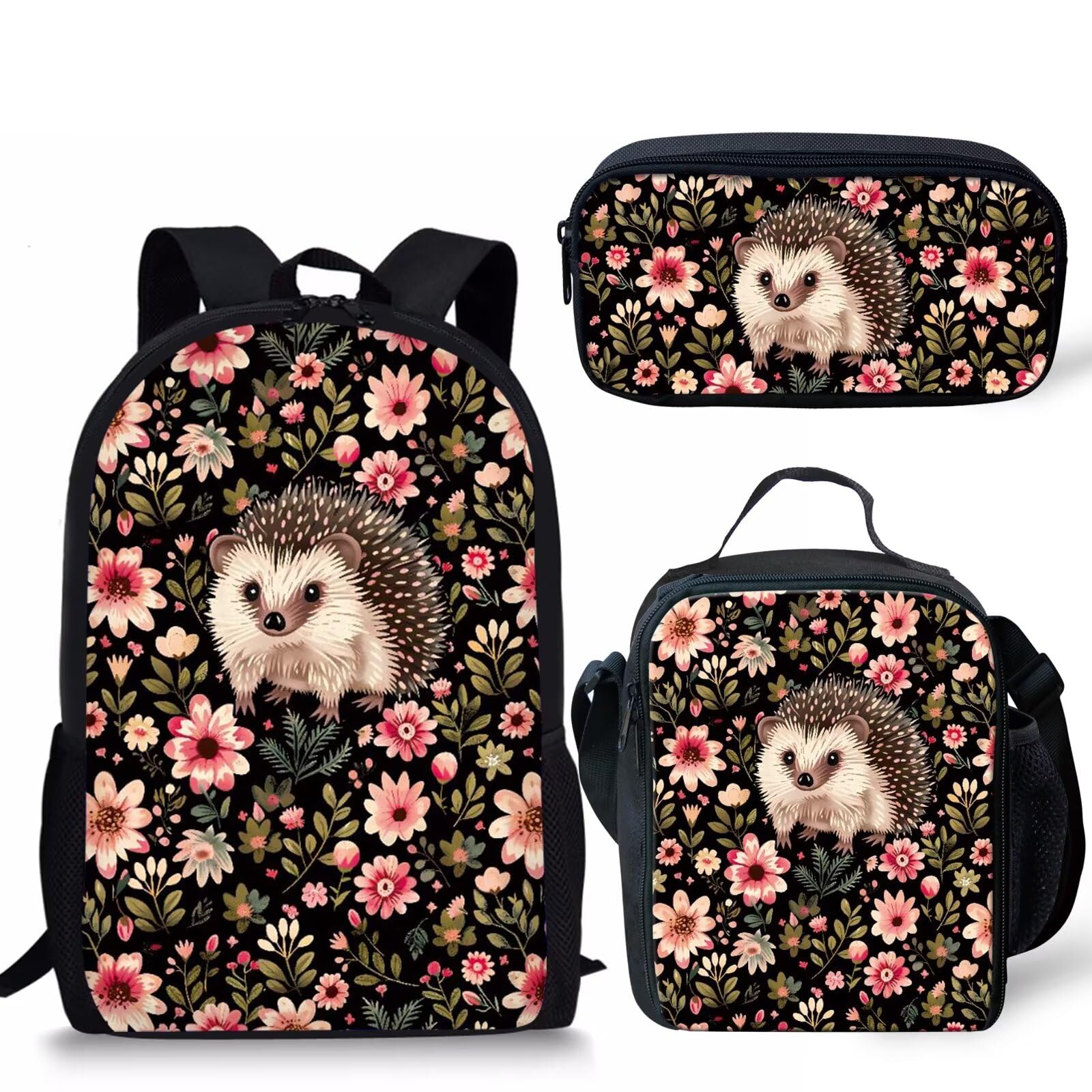 3Pcs Girls Backpack Set for Kids - Floral Hedgehog Print School Backpack with Lunch Bag & Pencil Case | Cute Bookbag for Elementary Students | Perfect for School, Travel & Daily Use