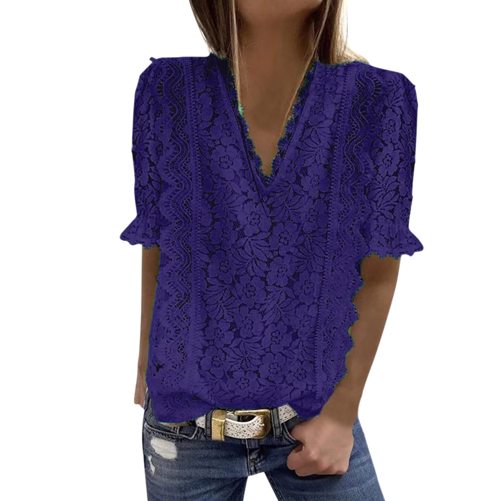 Women's Lace V-Neck Tunic Tank Top - Short Sleeve Casual Blouse for Women (Black) | Perfect for Summer Outfits, Beach Wear & Everyday Fashion