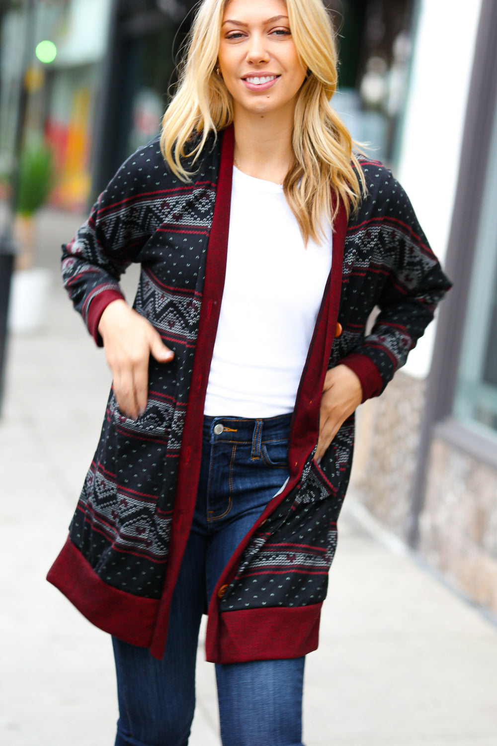 Classic Burgundy Holiday Print Button Cardigan for Women - Cozy Christmas Sweater for Holiday Parties & Family Gatherings