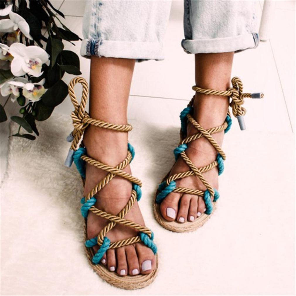 Women's Lace-Up Hemp Rope Gladiator Sandals - Blue Casual Roman Style Cross-Tied Shoes | Perfect for Summer, Beach, and Boho Fashion Outfits