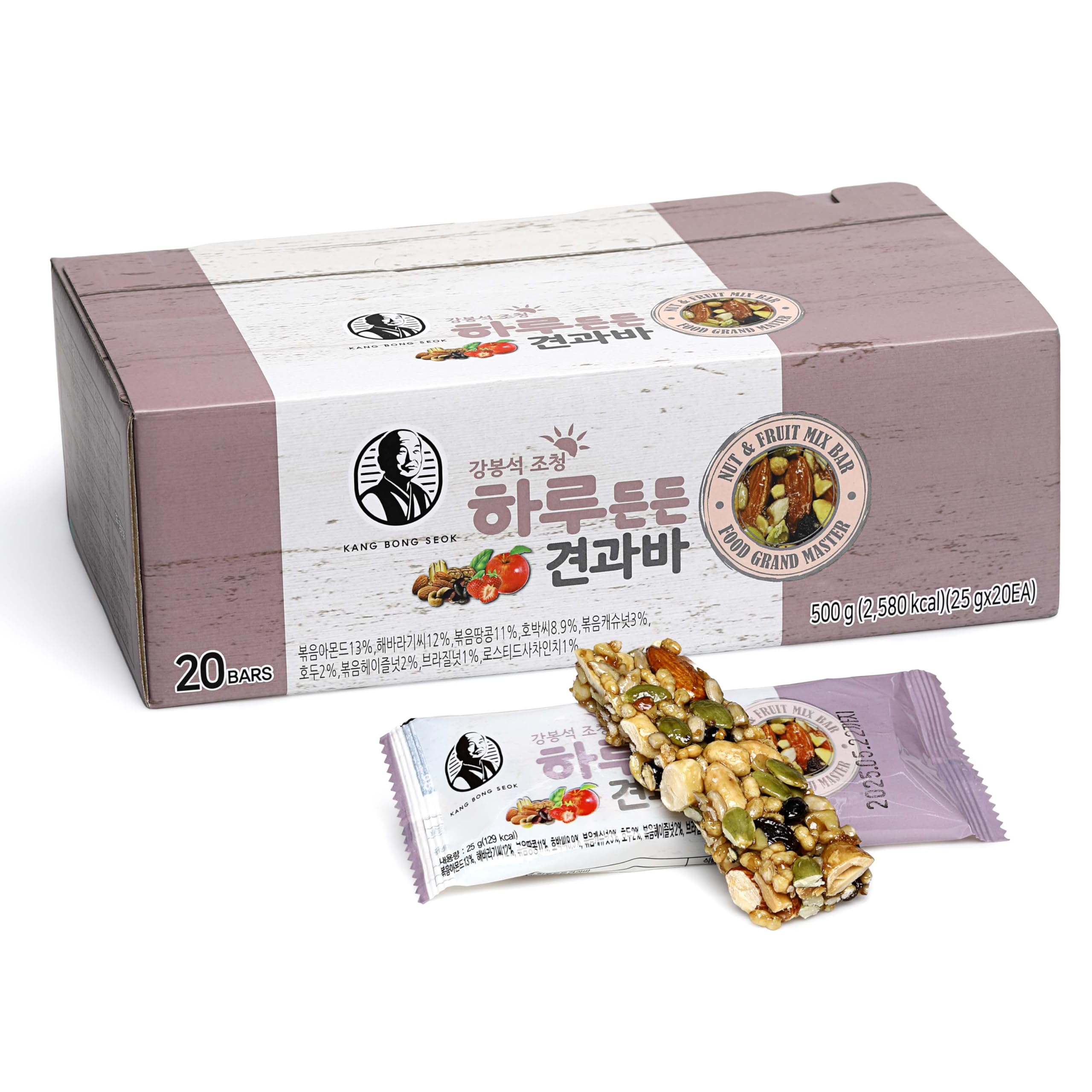 KANG BONG SEOK Master Jocheong Haru Nuts Bar - Korean Snacks Box (20 Count, 0.88oz) | Healthy Energy Bars, Asian Food Gift | Perfect for Office Snacks, Travel & Healthy Lifestyle