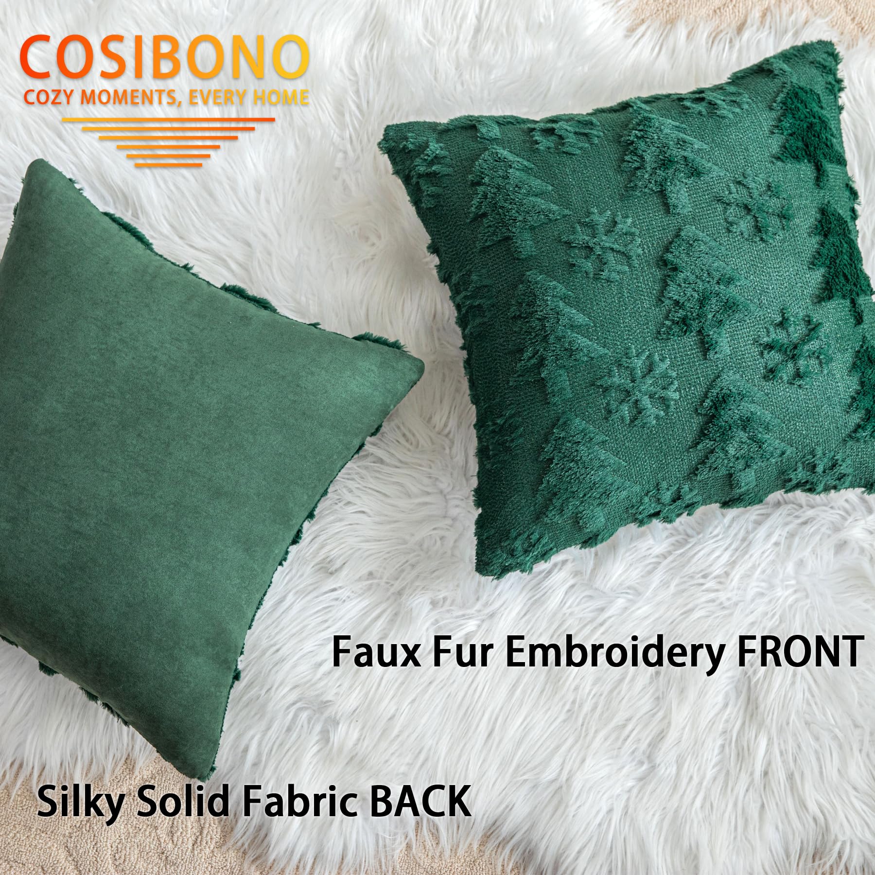 Snowflake Shaped Faux Fur Christmas Tree Pillow Covers 20x20 Inches - Set of 2 Soft Plush Throw Pillowcases for Couch, Sofa & Bed - Cozy Winter Holiday Decor for Farmhouse, Living Room & Christmas Party Decorations