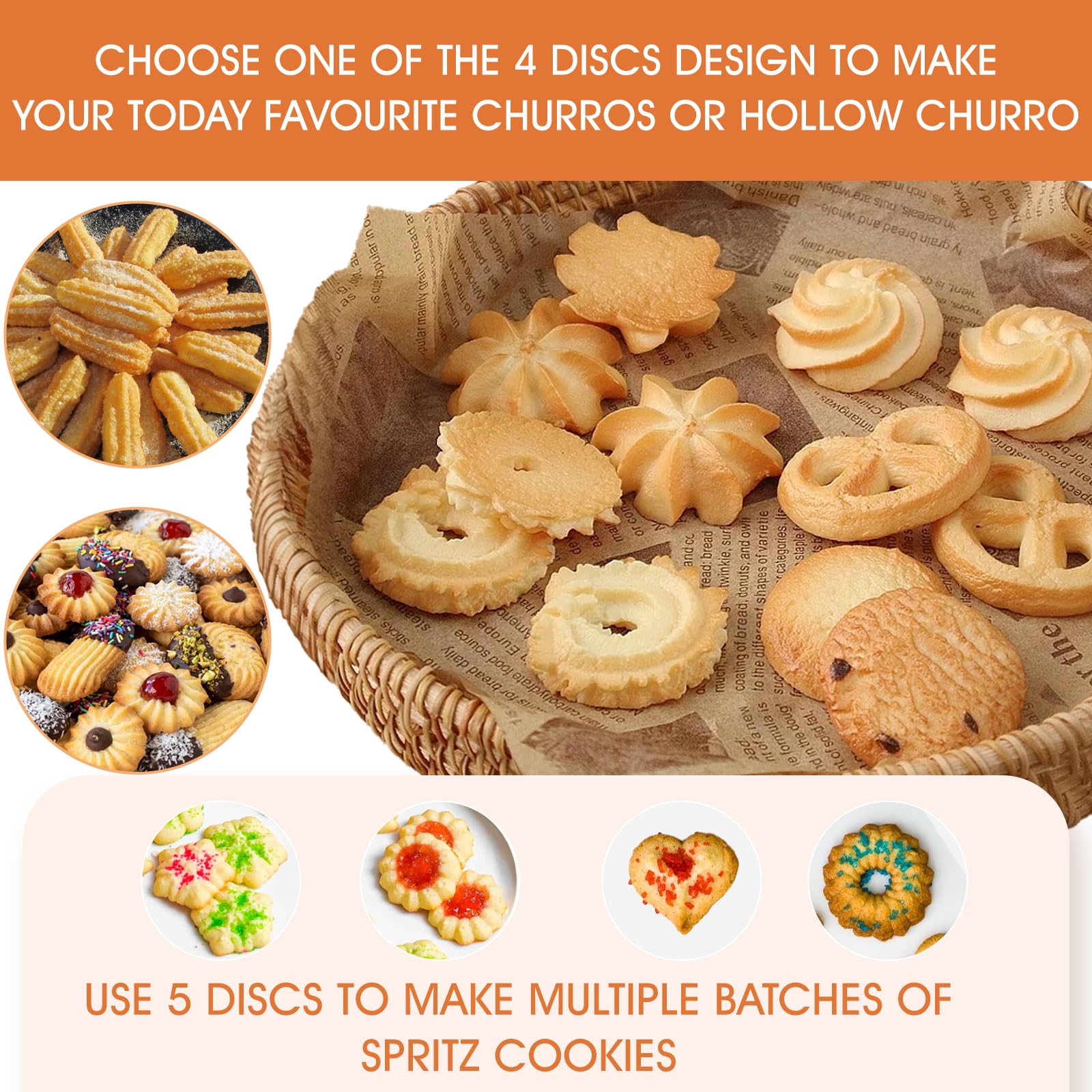 Stainless Steel Churro Maker Machine Kit - 21-Piece Churro Gun with 6 Nozzle Tips, 9 Discs & 2 Cleaning Brushes for Homemade Churros, Cookies & Pastries - Perfect for Parties, Baking & Dessert Making