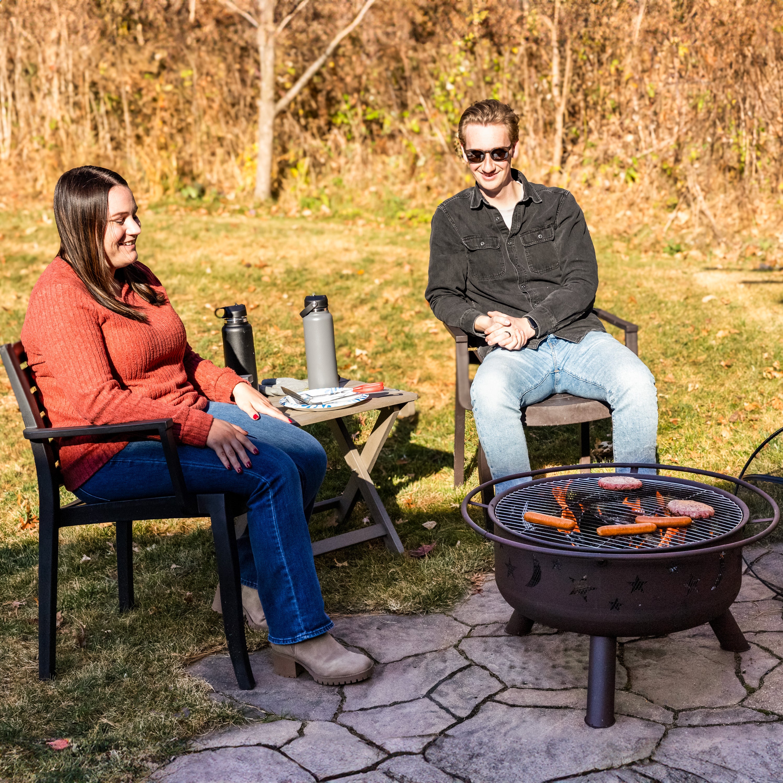 Sunnydaze 30-Inch Cosmic Cooking Fire Pit with Grill Grate & Spark Screen - Outdoor Camping, Backyard BBQ, and Patio Bonfire Cooking