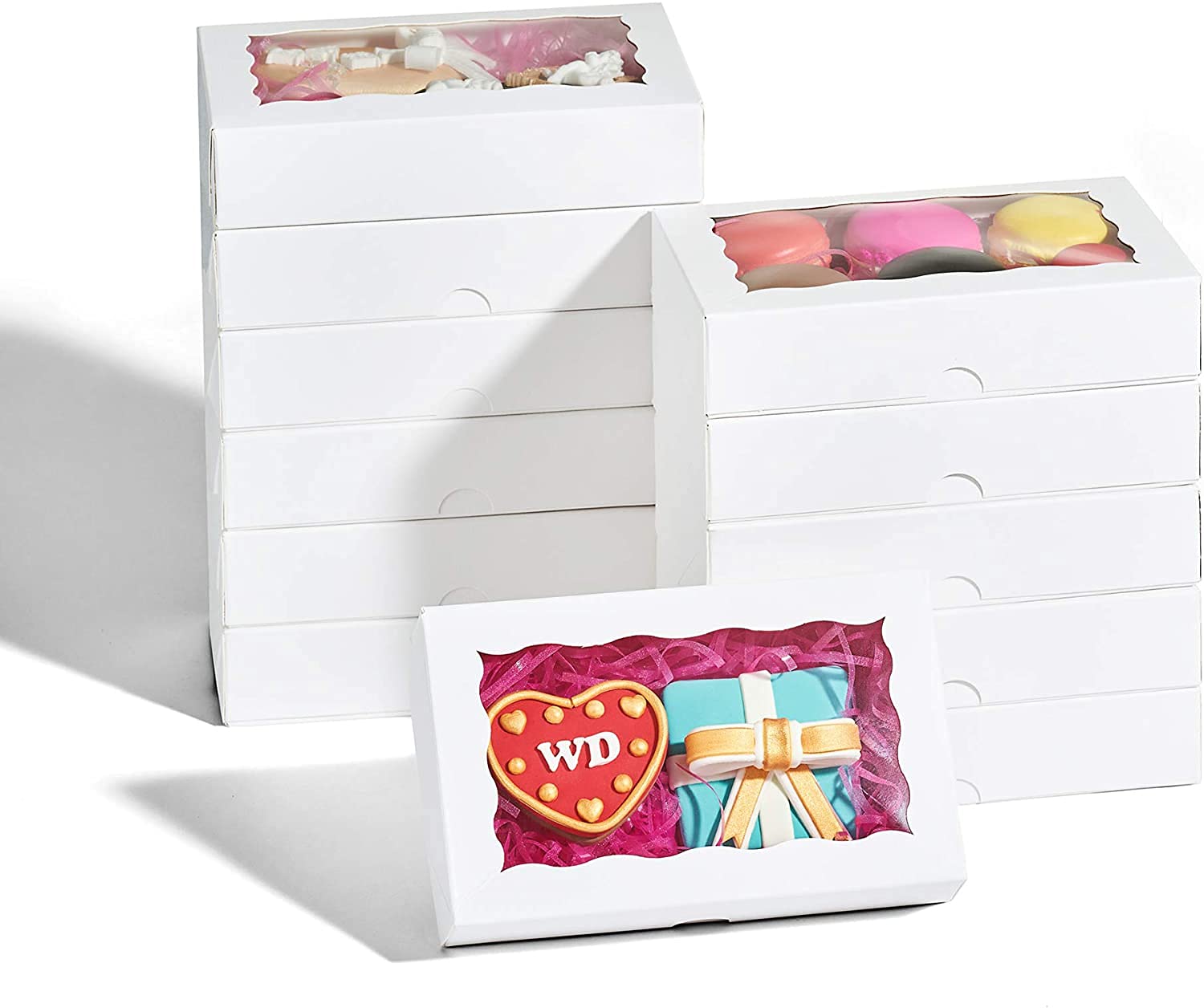 RomanticBaking 24 Pack 7x4.375x1.5 Inch Cookie Gift Boxes with Clear Window - Auto-Popup Macaron Boxes for 6, Bakery Packaging for Cookies, Cupcakes & Desserts - Perfect for Gifting, Parties & Special Occasions