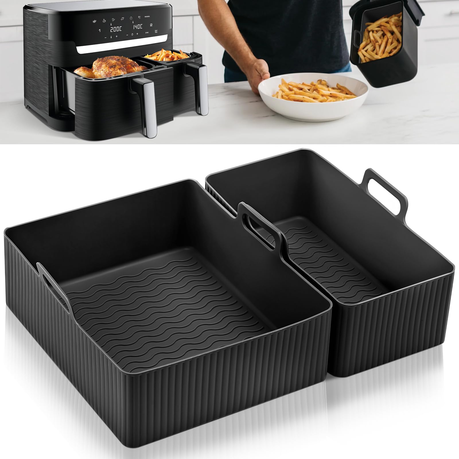 VIRIECH Silicone Air Fryer Accessories Set of 2 - Compatible with Moulinex EY9018, Dual Air Fryer Lakeland 5L/3L, Tower T17099, Salter EK5729 - Reusable Non-Stick Baking Molds for Oil-Free Cooking - Perfect for Roasting, Baking, and Meal Prep