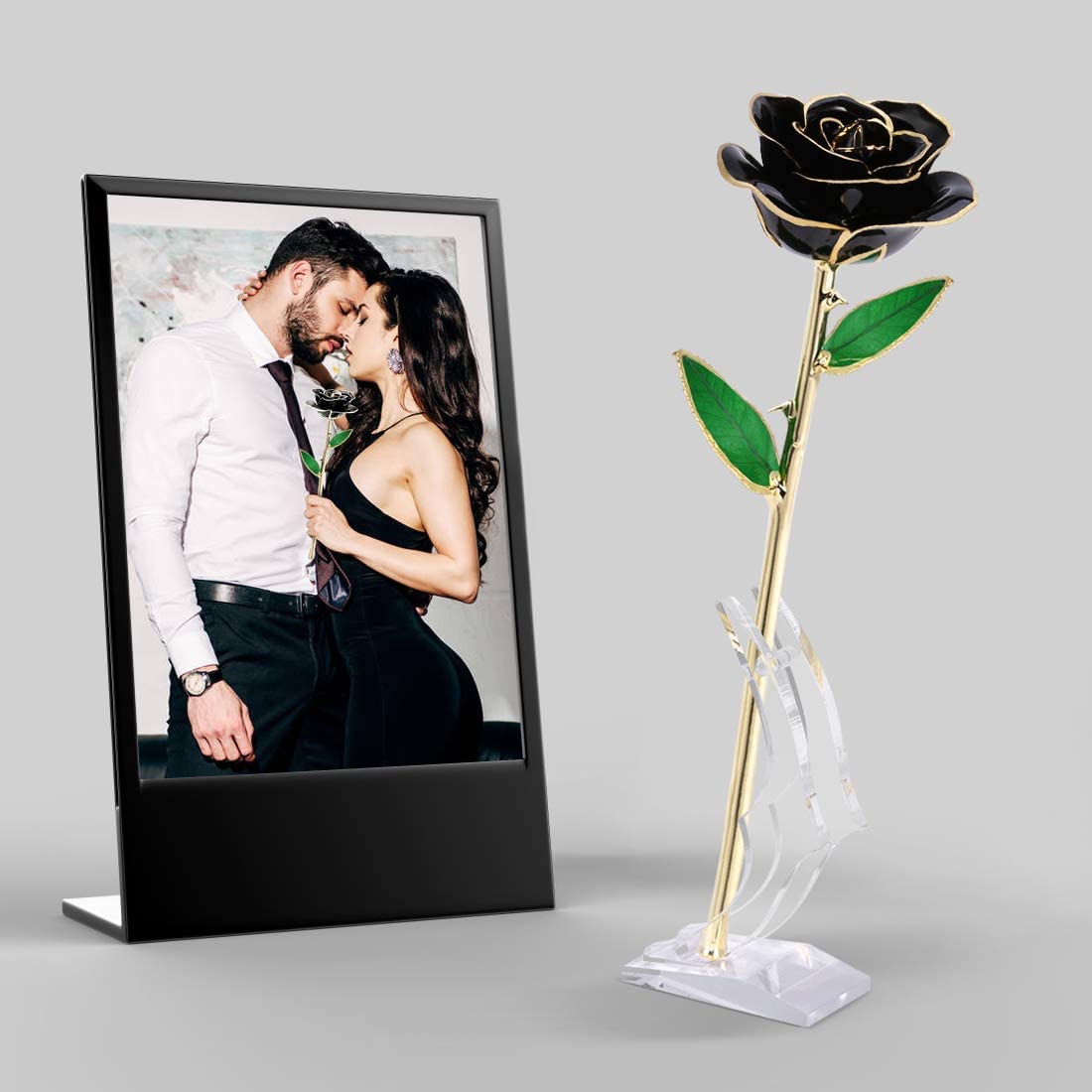 24K Gold Dipped Black Rose - Long Stem Preserved Rose Flower with Stand - Romantic Gift for Valentine's Day, Anniversary, Birthday - Perfect for Her, Wife, Mother, Girlfriend - Elegant Home Decor & Special Occasion Gift