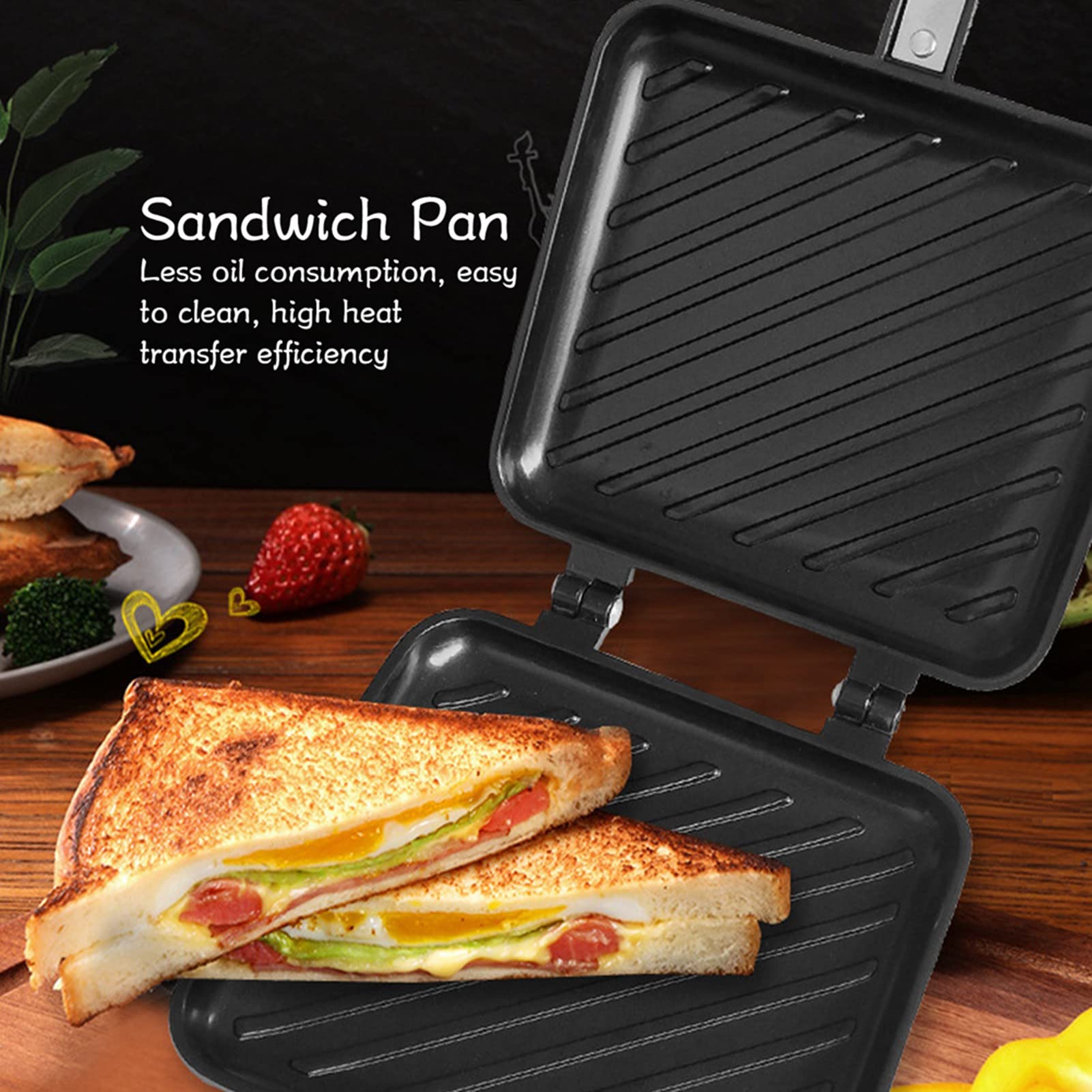 Nonstick Double Sided Frying Pan - Aluminum Alloy Sandwich Panini Maker for Breakfast & Omelette Cooking