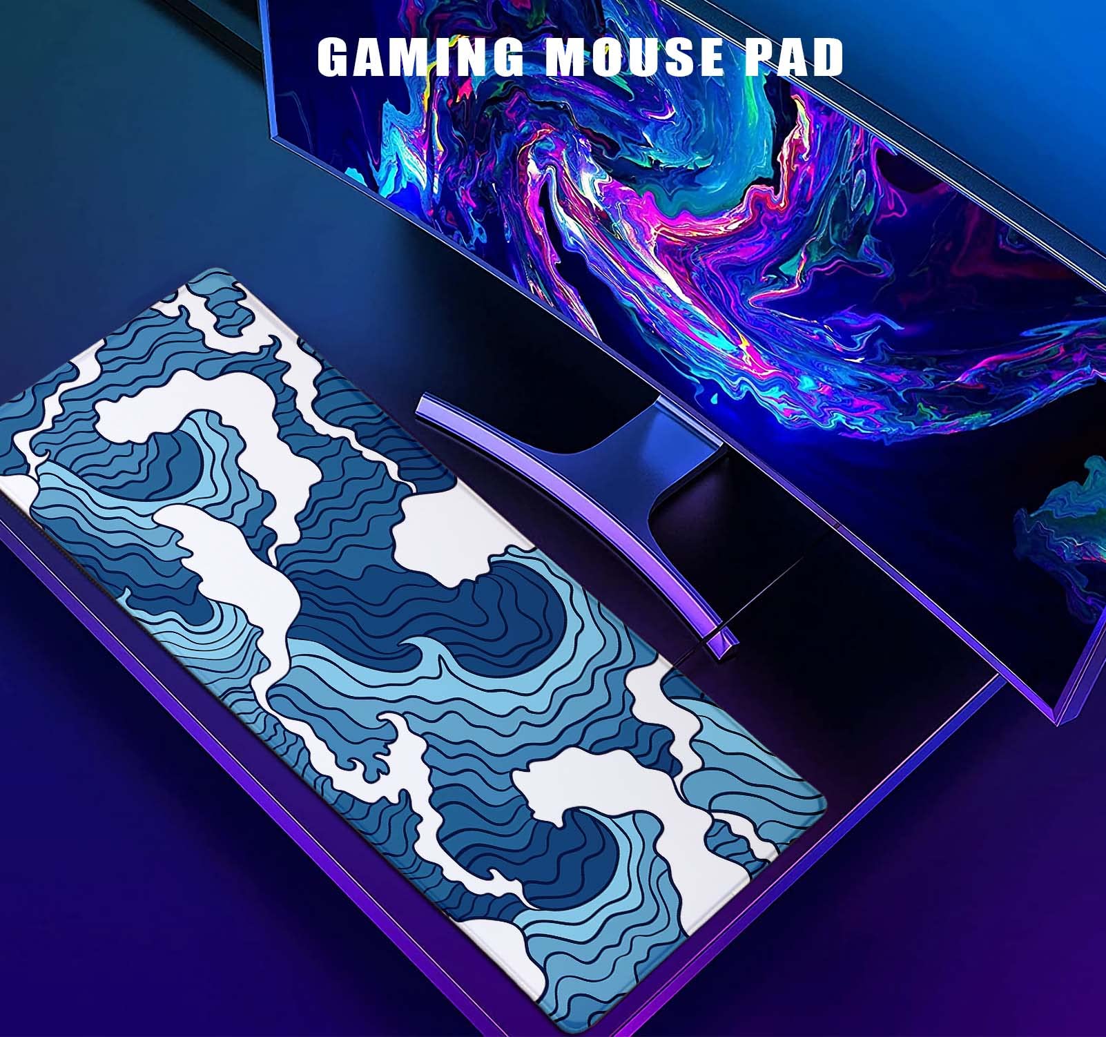 Japanese Blue and White Wave Design Large Mouse Pad - Non-Slip Rubber Base XL Gaming Mousepad - Extended Desk Mat with Stitched Edges for Office & Home Computer - Perfect for Work, Gaming, and Graphic Design - 31.5 x 11.8 Inches