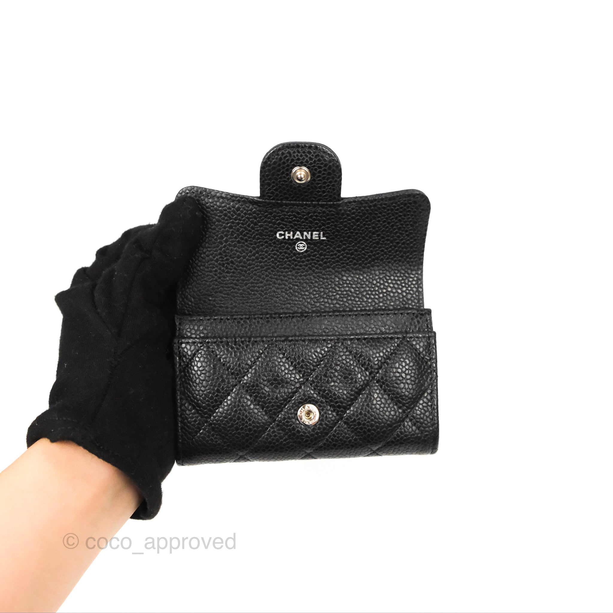 Chanel Classic Flap Card Holder Wallet - Black Caviar Leather with Silver Hardware | Luxury Compact Wallet for Women | Perfect for Everyday Use, Travel & Gift Giving