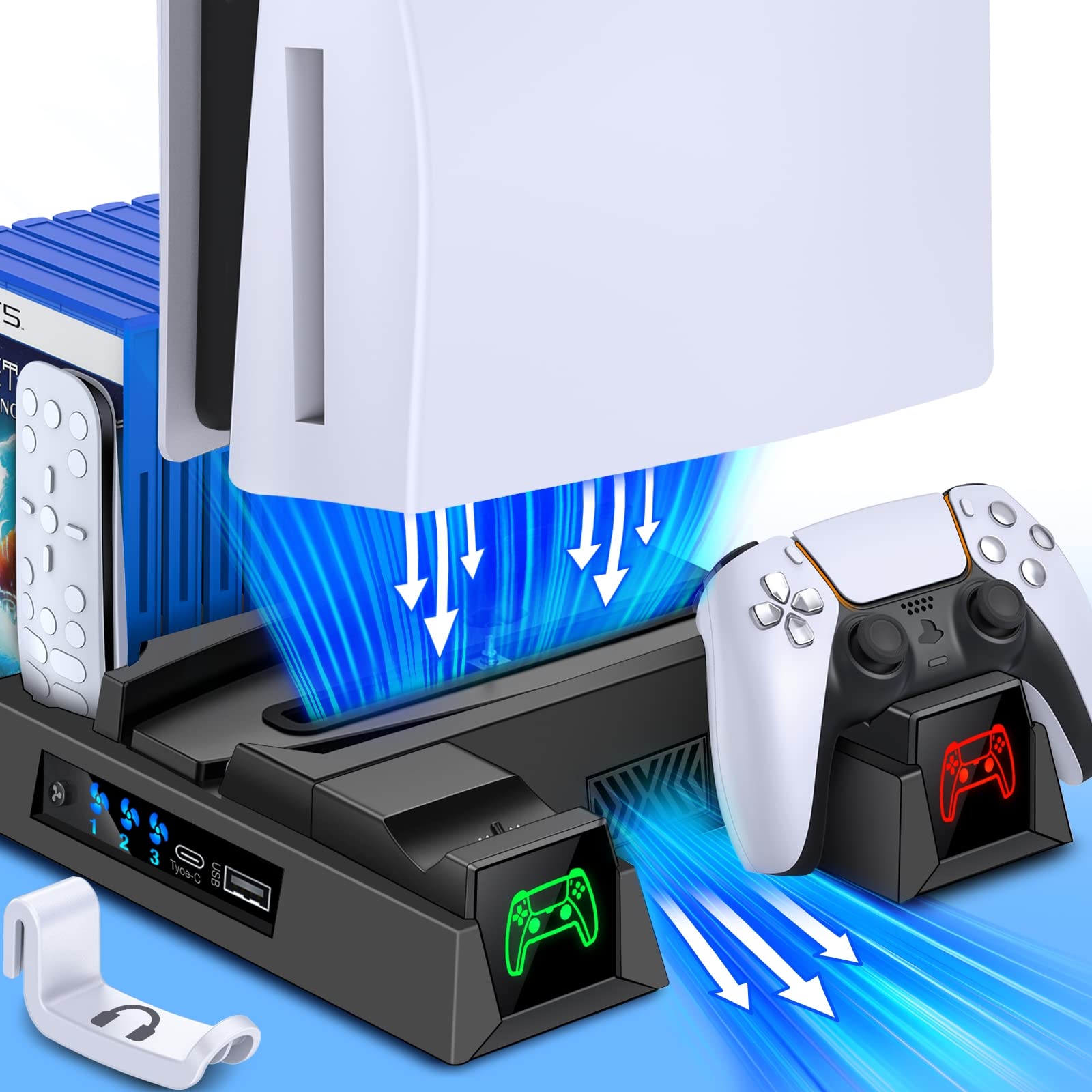 PS5 Stand with Cooling Fan & Controller Charger - 3-Speed Adjustable Cooling Station for Playstation 5 Digital/Disc Edition - Includes Headset Holder & 11 Game Storage (Black) | Perfect for Gaming Setup & Console Protection