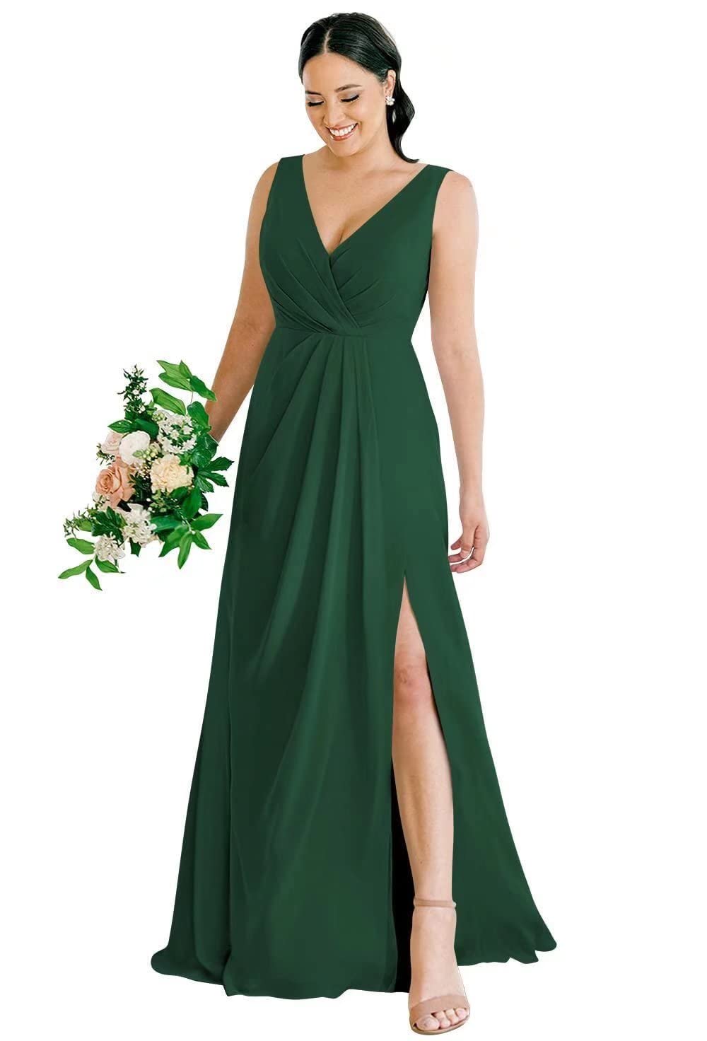 SMORBRID Women's V-Neck Long Chiffon Bridesmaid Dress with High Slit & Pleated Detail - Elegant Formal Gown for Wedding Guest, Prom, Evening Party & Special Occasions
