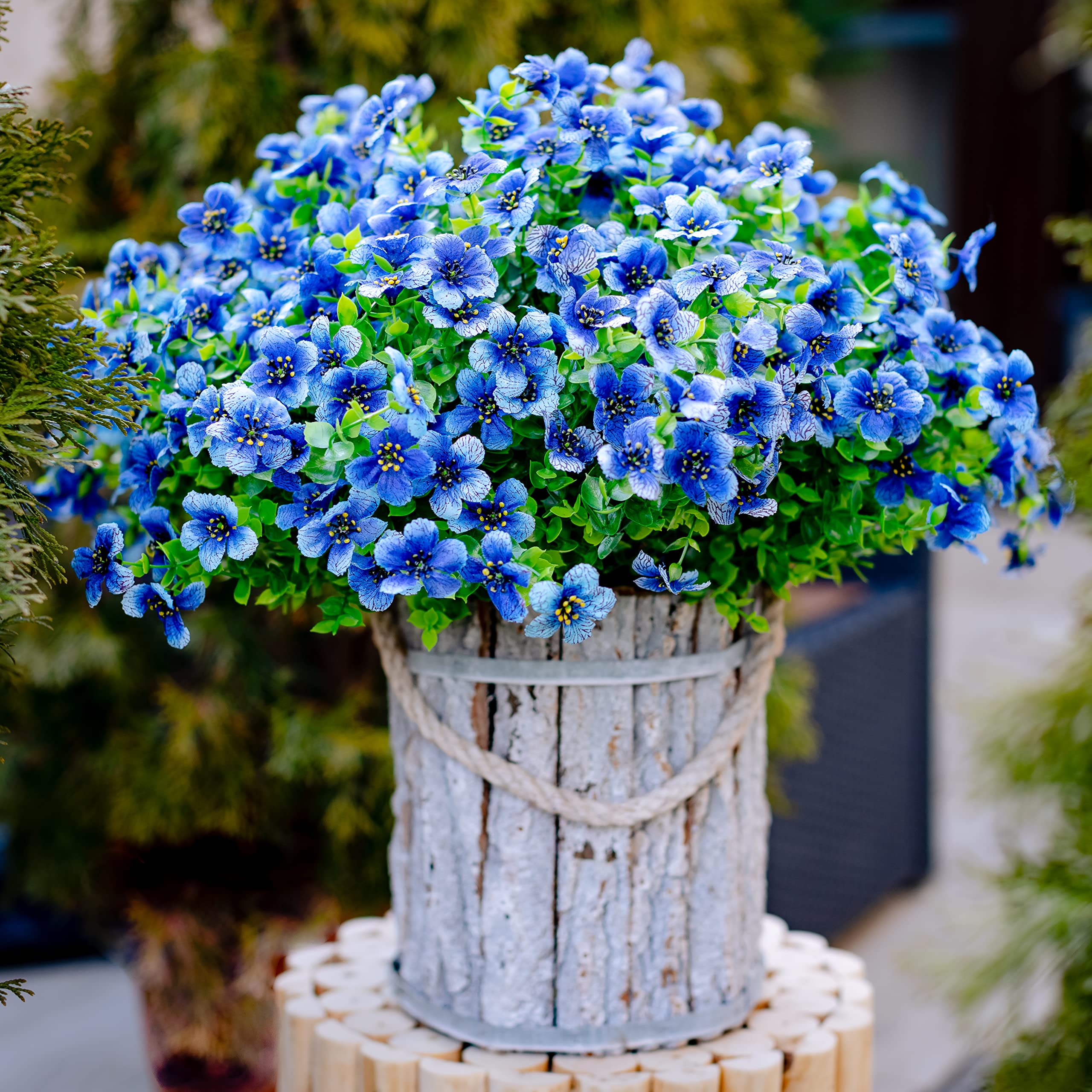16 Bundles Artificial Outdoor Flowers - Faux Boxwood Greenery Shrubs, No Fade Plastic Plants for Fall Farmhouse Decor, Garden & Patio Landscaping (Blue) | Perfect for Porch, Wedding, and Home Decoration
