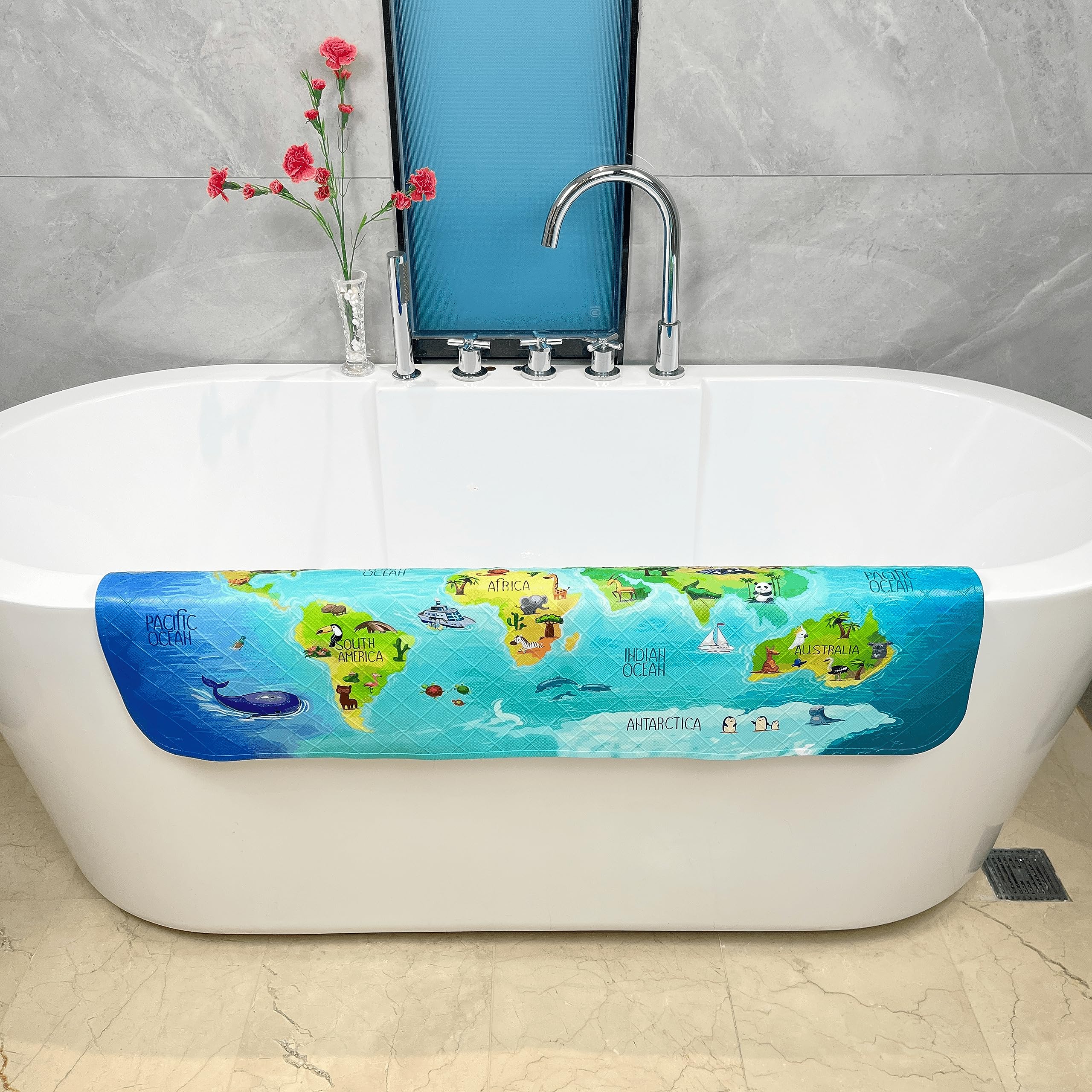 Non-Slip Cartoon Kids Bath Mat - Extra Large 35x16 Inch Bathtub Mat, Anti-Slip Shower Floor Mat for Bathroom Safety - Perfect for Kids' Bath Time Fun & Bathroom Decor (Map Design)