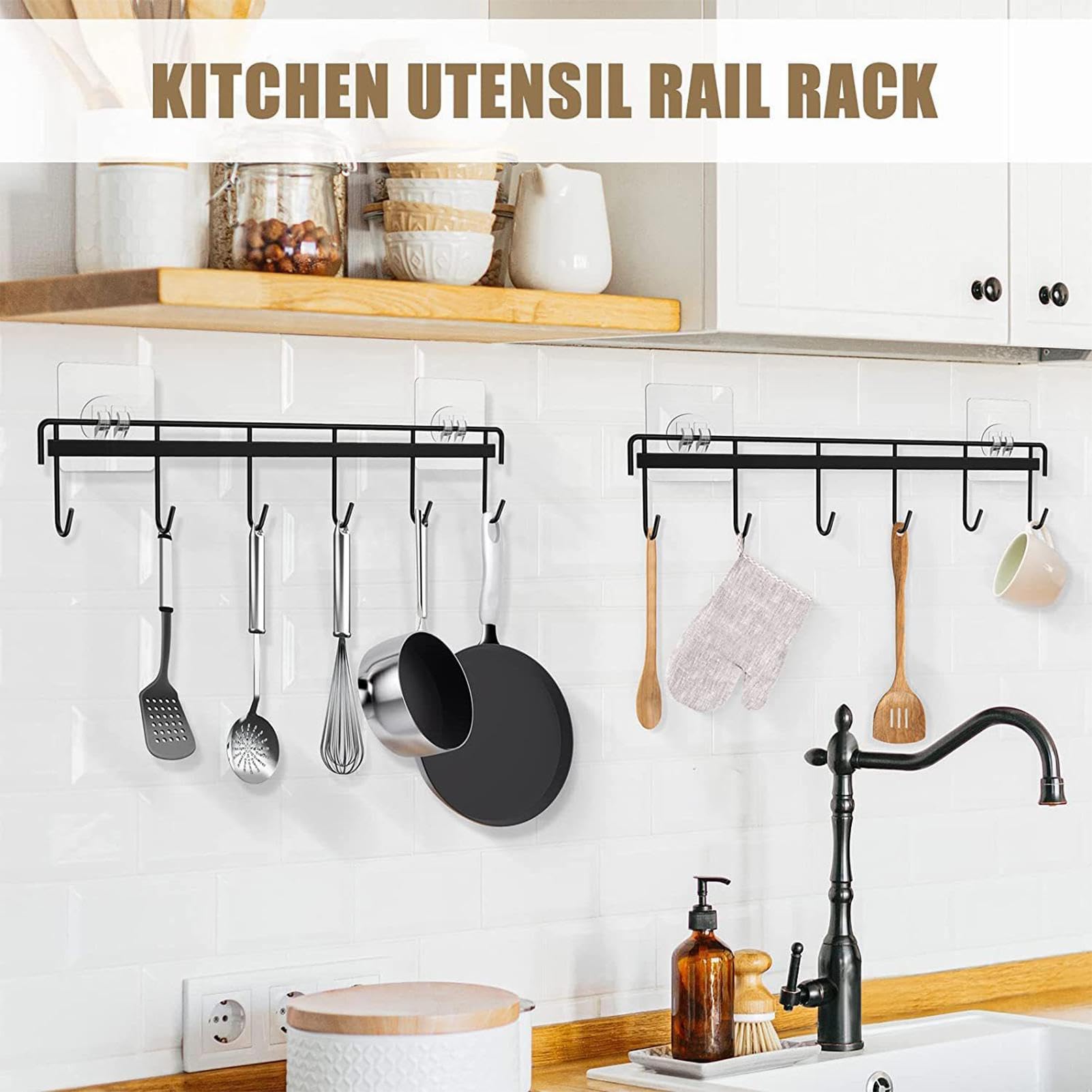 Strong Adhesive Wall Hooks Rack - No Drill Kitchen Utensil Holder with 6 Hooks - Space Saving Wall Mounted Organizer for Spoons, Knives, Towels - Perfect for Small Kitchens, Dorms, RVs & Bathrooms