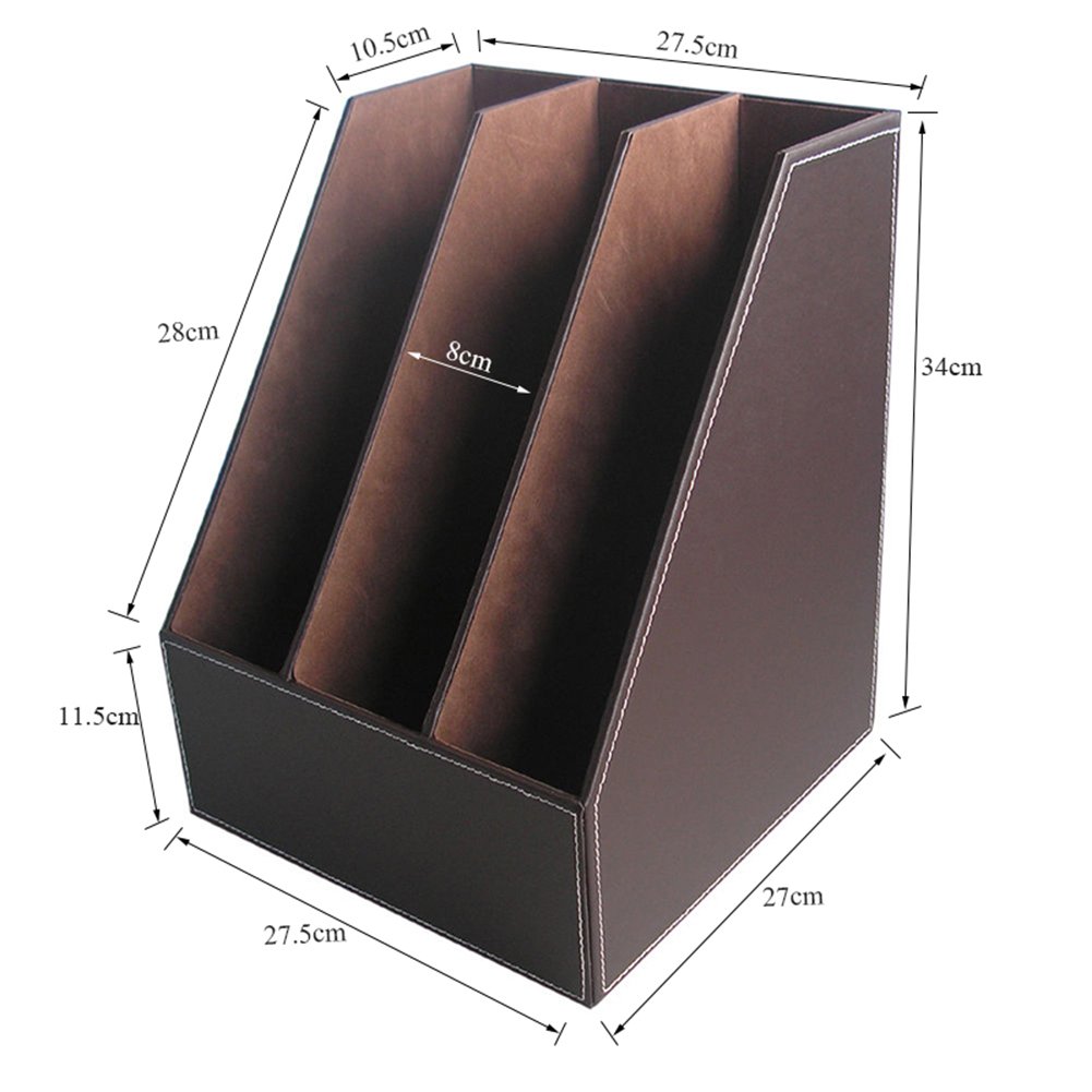 KINGFOM Wooden Leatherette Magazine File Holder - 3 Compartment Desktop Organizer for Office & Home, Paper Storage Box with Elegant Brown Finish - Perfect for Organizing Documents, Bills, and Office Supplies on Your Desk
