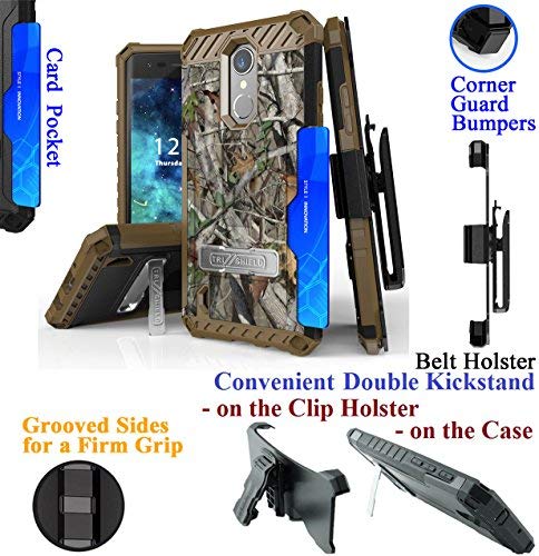2018 LG Aristo 2 Tribute Dynasty Case with Belt Holster, Kickstand, Card Slot, Corner Guard, Bumper, Firm Grip Hybrid Armor Cover (Camo Forest) - Perfect for Outdoor Adventures and Daily Use