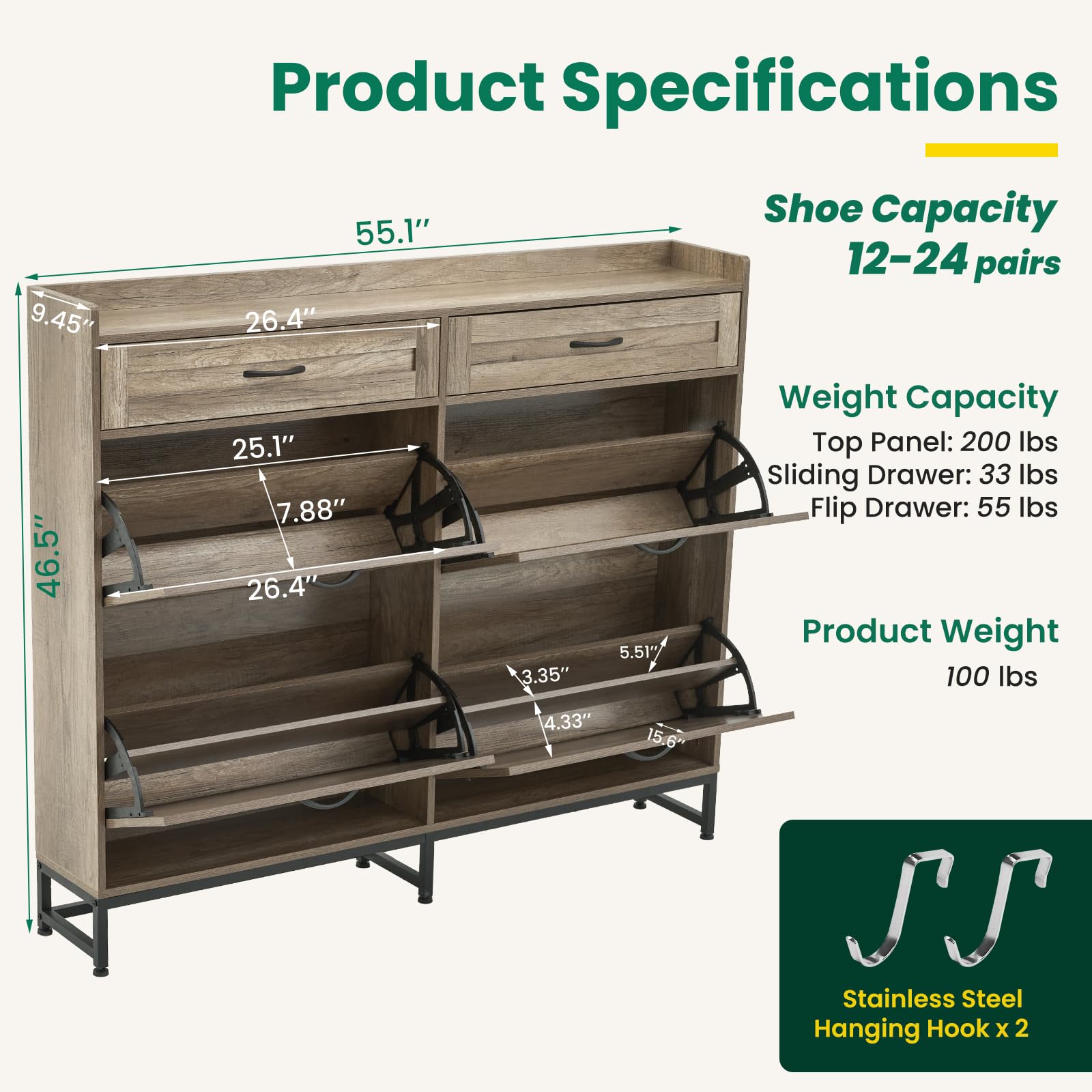 Farmhouse Shoe Cabinet with 4 Flip Drawers & 2 Storage Compartments - Free Standing Entryway Shoe Organizer with Metal Legs in Light Rustic Oak Finish | Perfect for Small Spaces, Mudrooms, and Closet Organization