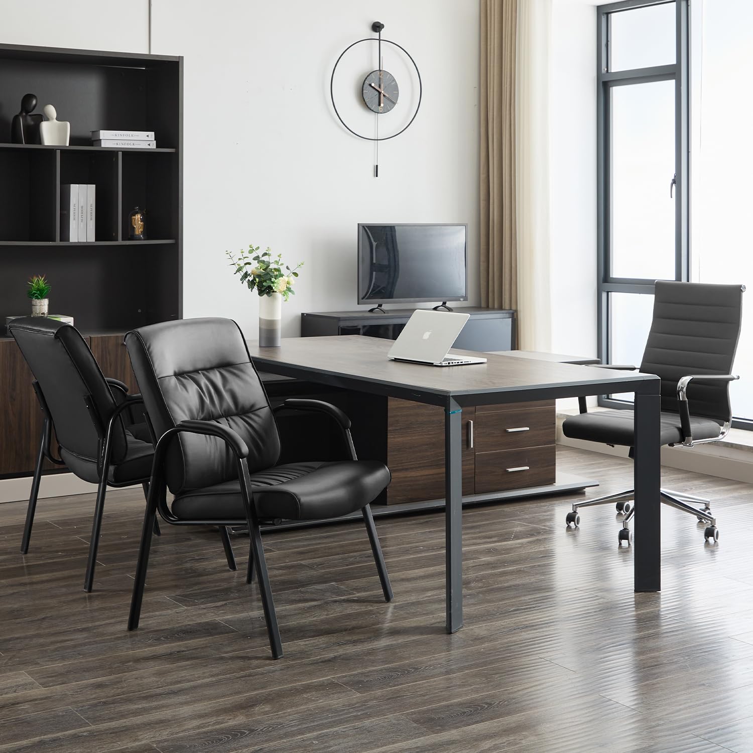Big & Wide Office Guest Reception Chair Set of 2 - Modern Leather Conference Room Chairs, Waiting Room Chairs 2 Pack - No Wheels Desk Chairs for Office, Hotel, Lobby (Black) - Perfect for Business Meetings, Reception Areas and Professional Spaces