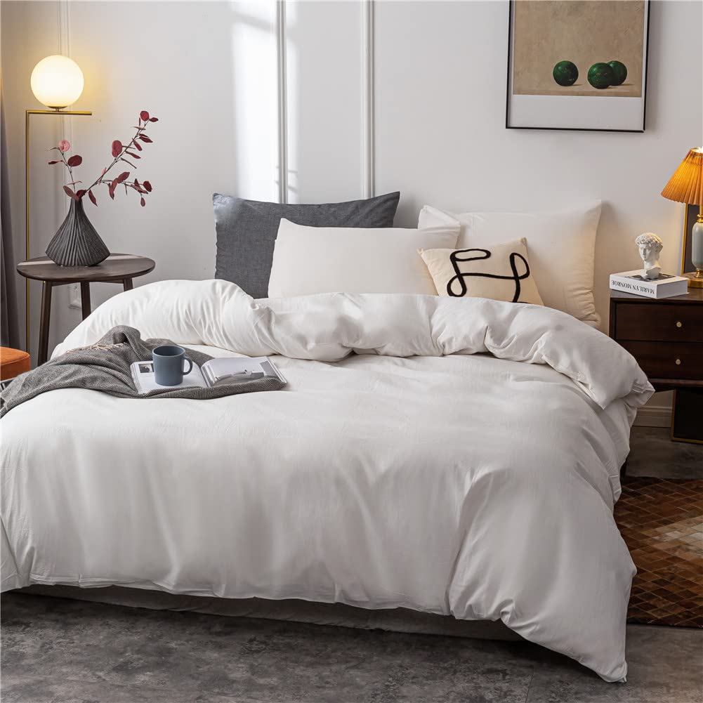 Janlive 100% Washed Cotton King Duvet Cover Set - Ultra Soft Solid White 3-Piece Bedding with Zipper Closure | Breathable & Hypoallergenic for All-Season Comfort in Master Bedroom or Guest Room