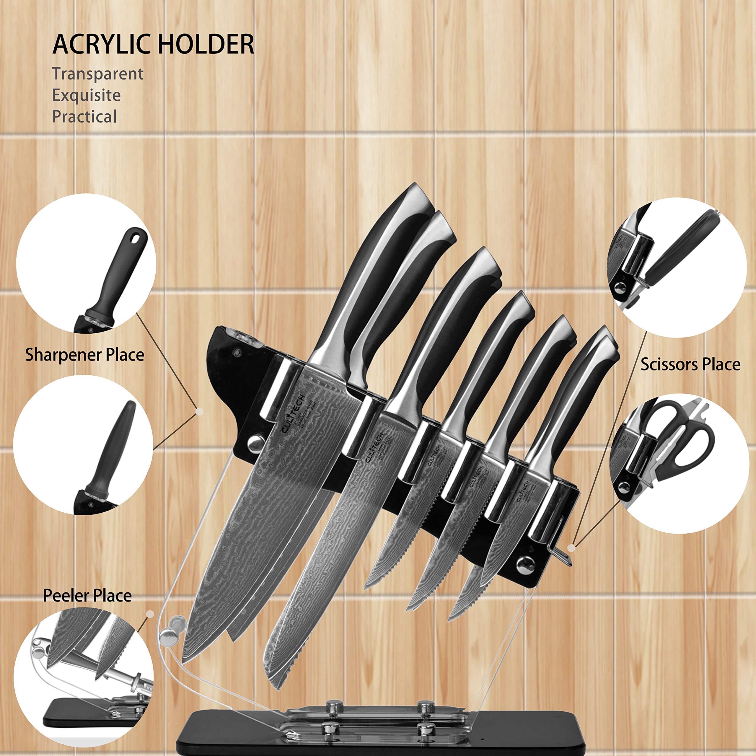 Premium 10+3 Piece Damascus Steel Kitchen Knife Set with Scissors, Peeler & Sharpener - Includes Acrylic Holder for Home Chefs & Professional Cooking Enthusiasts - Perfect for Slicing, Dicing, Chopping & Food Prep in Modern Kitchens