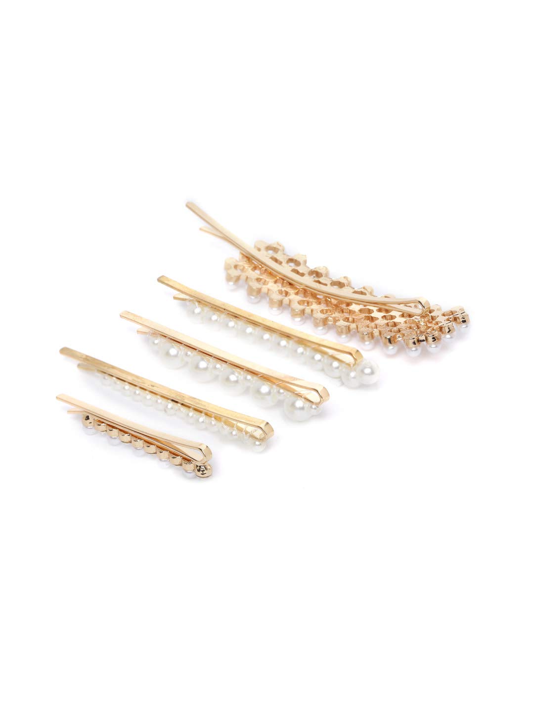 Priyaasi Gold and White Pearl Hair Clips for Women - Elegant Metal Hair Pins Set of 5 - Perfect for Weddings, Parties, and Everyday Styling