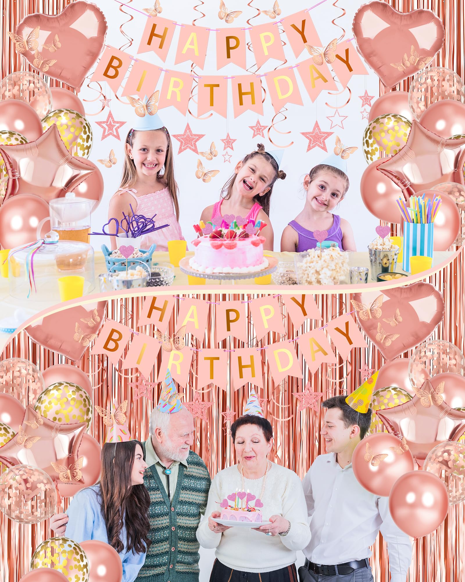 Rose Gold Happy Birthday Party Decorations Set - Birthday Banner, Foil Heart Star Confetti, Balloons, Backdrop & Hanging Swirls for Girls, Women, Princess | Perfect for Birthday Parties, Baby Showers, Bridal Showers & Special Celebrations