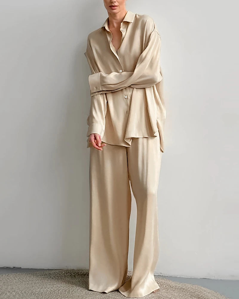 Luxury Oversized Full Length Silk Pajamas Set for Women - Soft & Comfortable Sleepwear - Perfect for Relaxing at Home, Lounging & Gift Giving