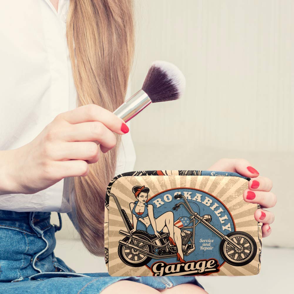 Pin Up Girl Motorcycle Monochrome Makeup Bag - Waterproof Cosmetic & Toiletry Travel Organizer for Women | Portable Storage for Makeup Tools, Brushes, Toiletries | Perfect for Travel, Gym, Beach & Daily Use