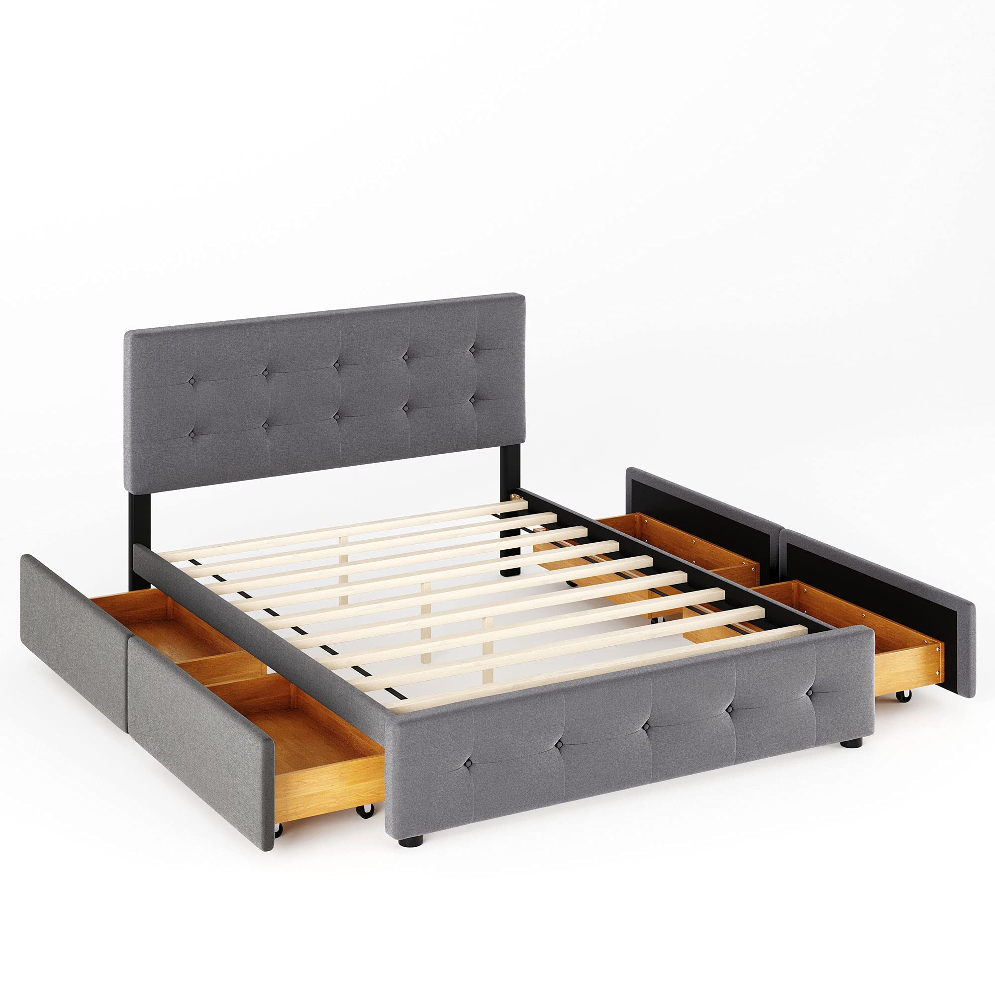 Queen Size Modern Upholstered Platform Bed with 4 Large Drawers - Button Tufted Headboard, Wooden Slat Support & Center Legs - No Box Spring Required (Light Gray) - Perfect for Master Bedrooms, Guest Rooms & Small Spaces