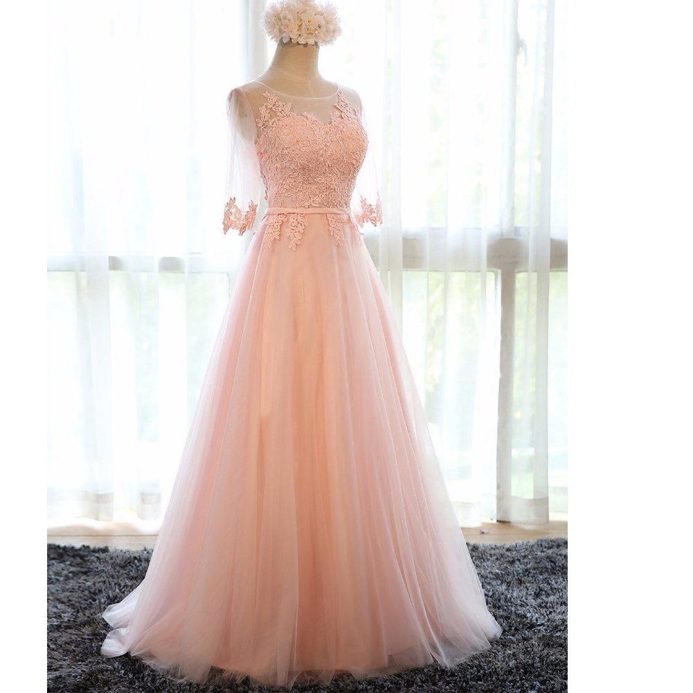 Kivary® Peach-Pink Sheer Half Sleeves A-Line Corset Prom Evening Dress for Women - Elegant Formal Gown for Homecoming, Wedding, and Special Occasions