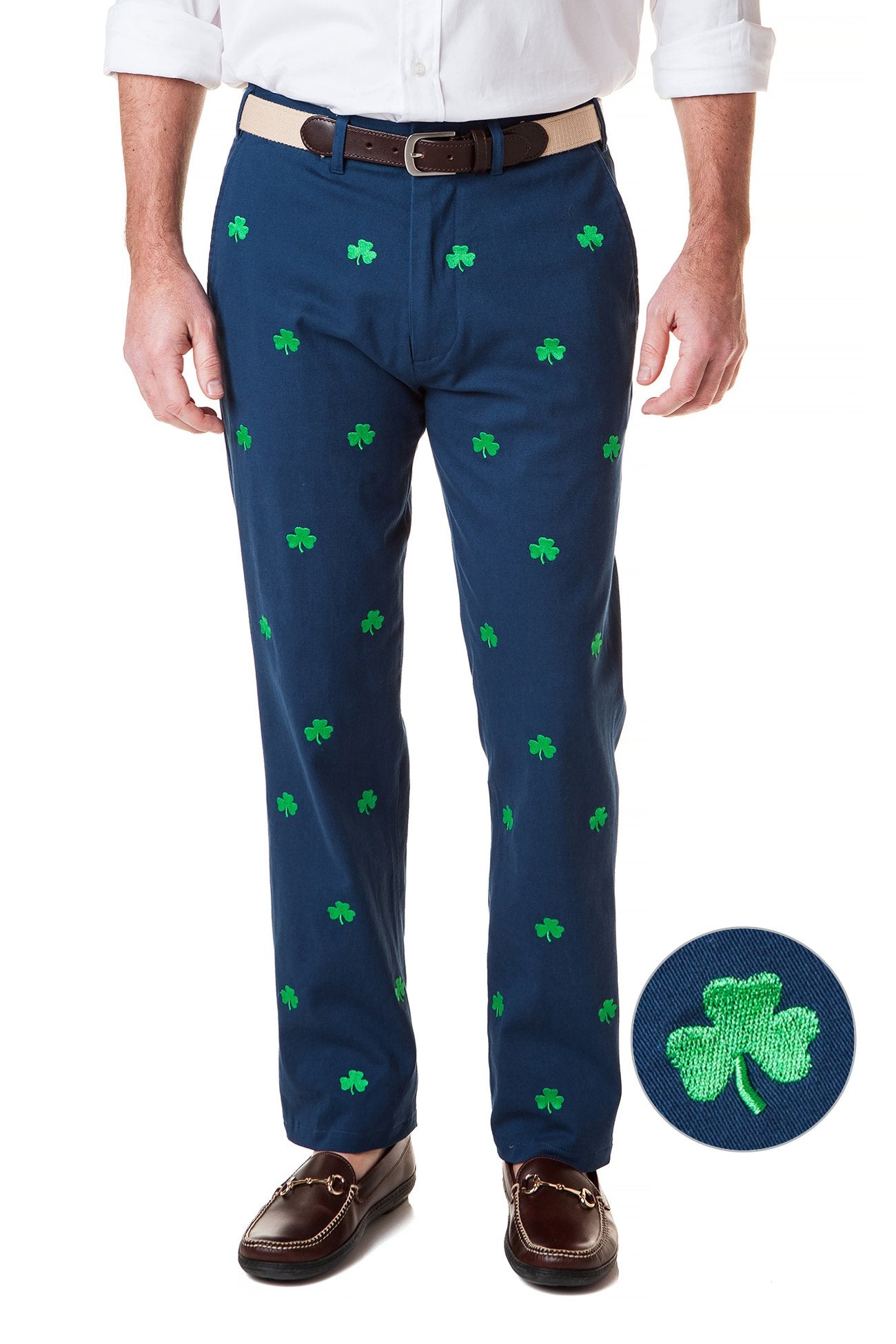 Stretch Twill Harbor Pant in Nantucket Navy with Shamrock Print - Comfortable Casual Pants for Work, Travel & Everyday Wear