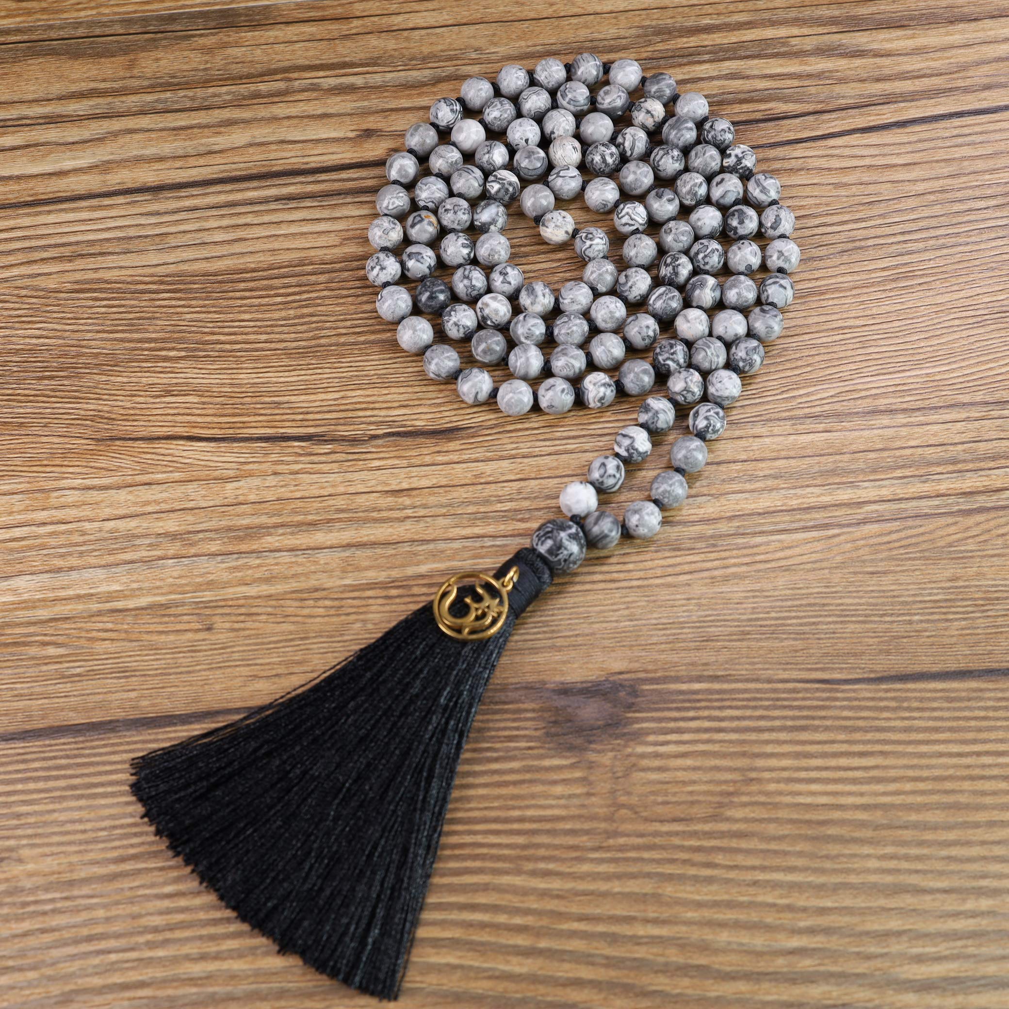 COAI OM Charm Hand Knotted Tassel 108 Mala Beads Necklace - Buddhist Meditation Prayer Beads for Yoga, Mindfulness & Spiritual Practice