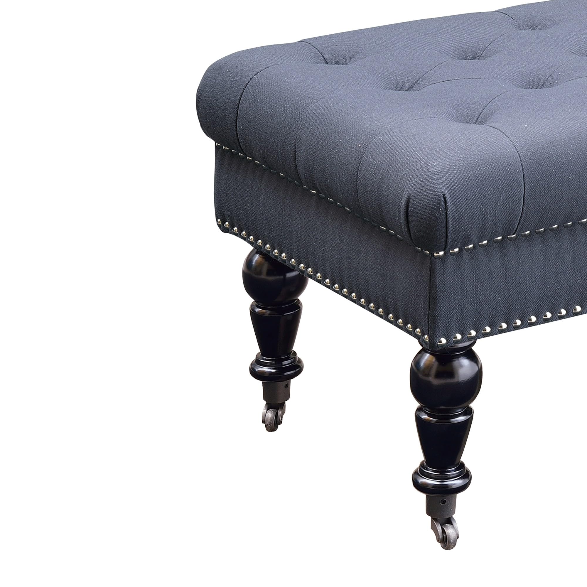 Benjara Button Tufted Upholstered Bench with Caster Wheels - Black & Blue Velvet Storage Ottoman for Bedroom, Living Room, Entryway - Perfect for Seating & Extra Storage