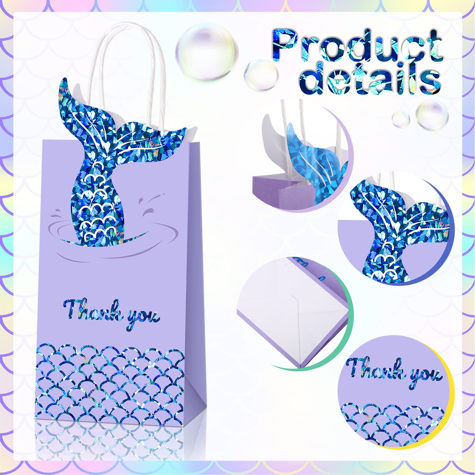 Sabary 18 Pcs Mermaid Party Favor Bags - Paper Gift Goodie Treat Candy Bags with Handles for Girls Birthday, Baby Shower & Mermaid Themed Events - Perfect for Party Decorations, Favors and Sweet Treats