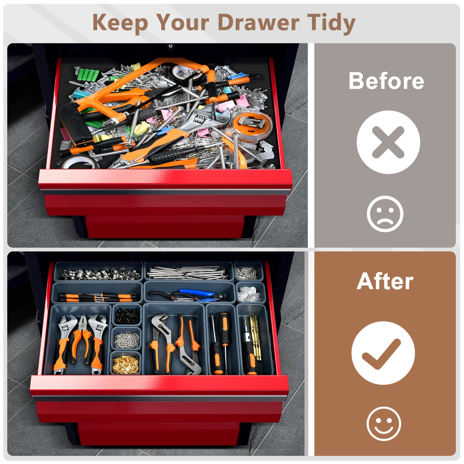 A-LUGEI 12-Piece Tool Box Organizer Set with Adjustable Dividers - Heavy Duty Drawer Tray for Garage, Workshop & Rolling Tool Chest - Perfect for Organizing Small Parts, Hardware & DIY Tools (Ideal for Mechanics, Carpenters & Home Improvement Projects)