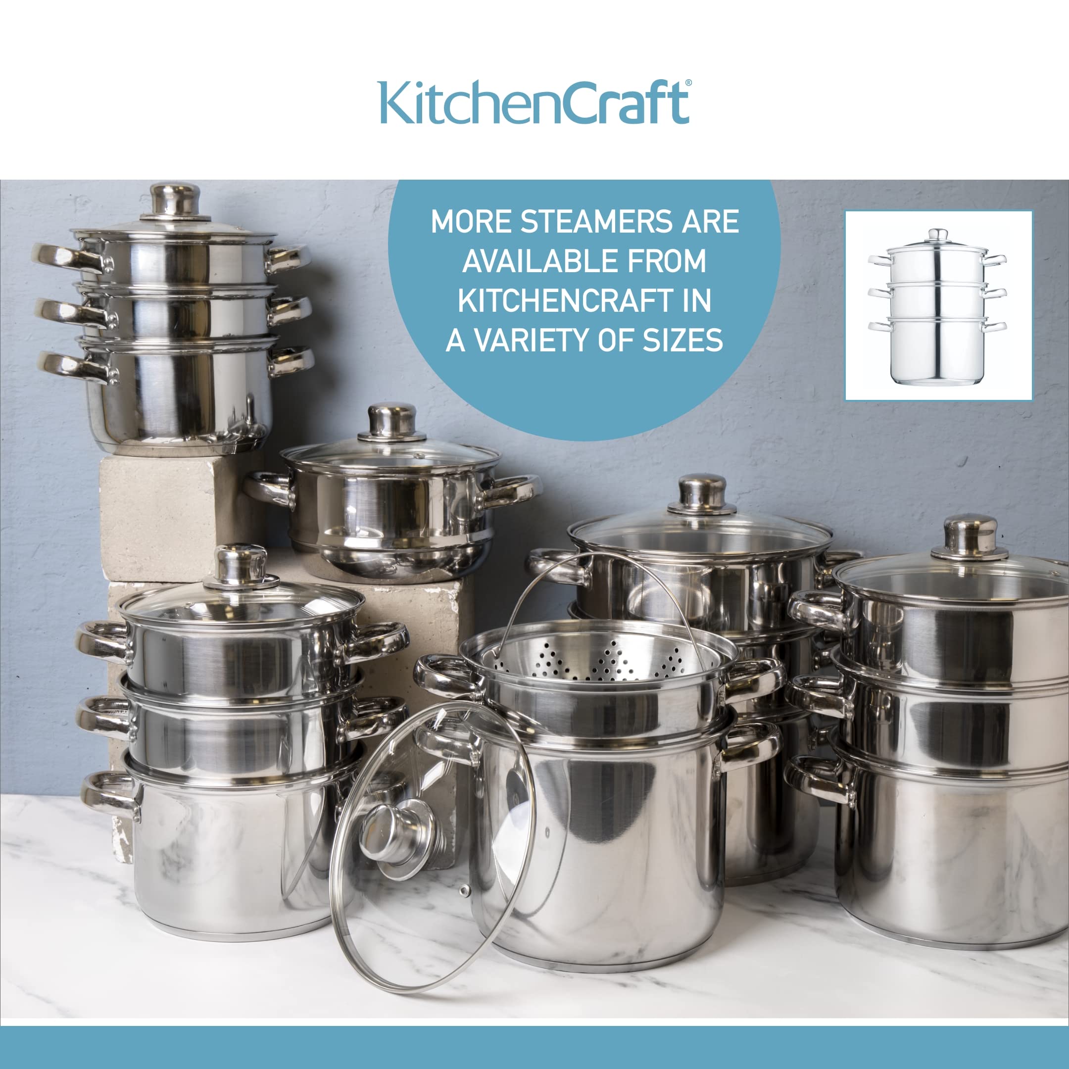 KitchenCraft 3-Tier Stainless Steel Food Steamer Pot with Lid - 22cm/8.5 Inch Silver Cooking Pan for Vegetables, Dumplings & Seafood - Perfect for Healthy Meal Prep, Asian Cuisine & Family Dinners