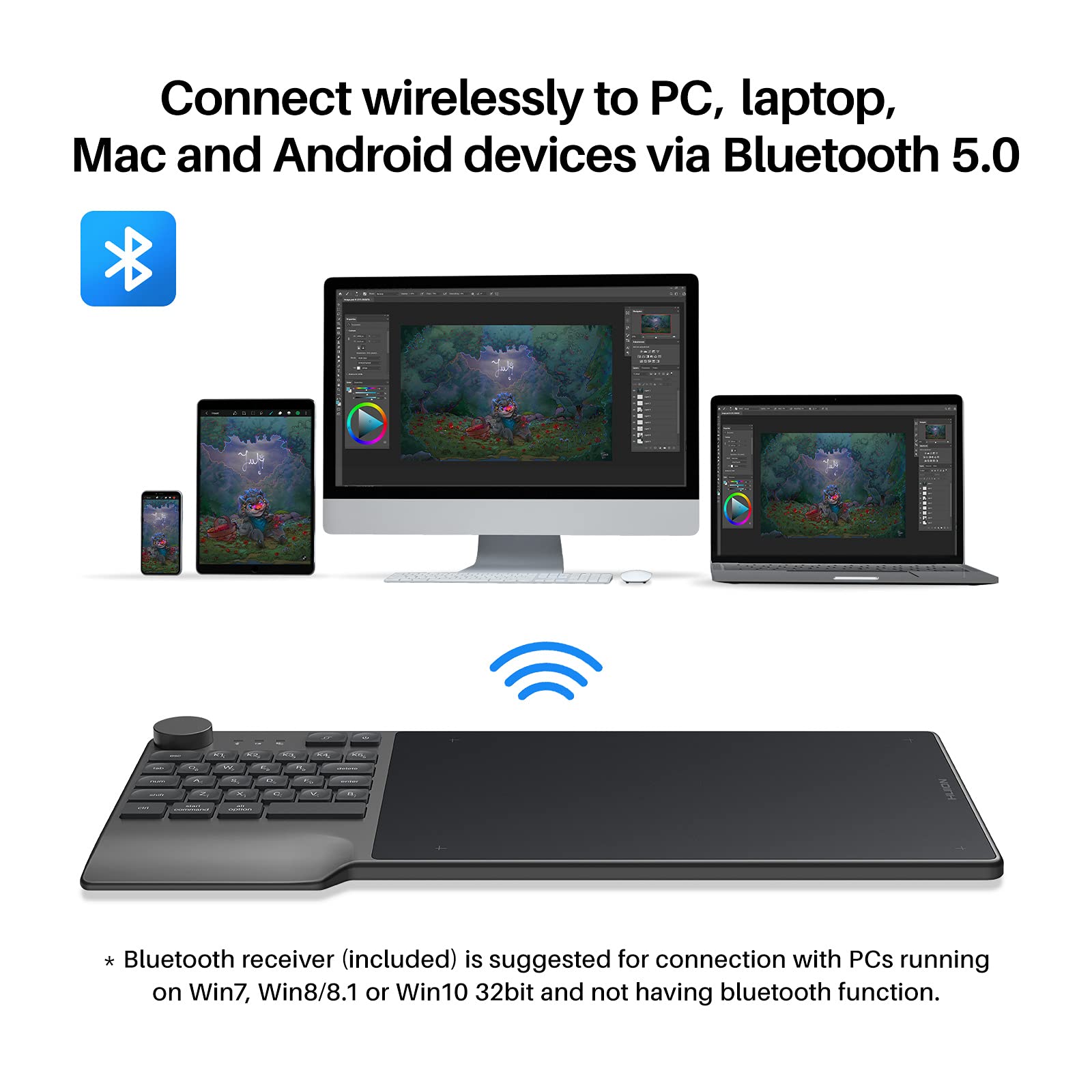 HUION Inspiroy Keydial KD200 Wireless Drawing Tablet - 8.9x5.6inch Bluetooth Graphic Tablet with Keyboard Dial, 5 Custom Express Keys & Battery-Free Stylus - Compatible with Windows/Mac/Android - Perfect for Digital Art, Animation & Online Teaching