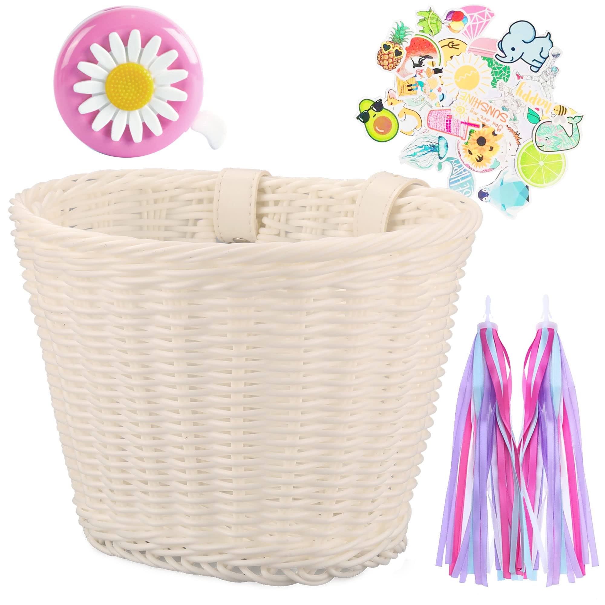 Girls Bike Basket - Front Bicycle Accessories for Kids Ages 3-12 - Small Woven Wicker Cruiser Basket with Handlebar Streamers & Bell - Perfect for Boys & Girls Cycling, School Commutes & Picnic Rides