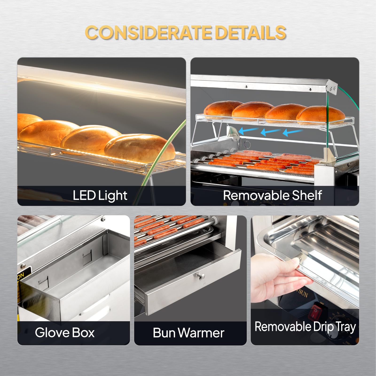 ROVSUN 7-Roller Hot Dog Roller Grill Machine with Bun Warmer - ETL Certified Commercial & Home Use, 1200W, Dual Temp Control, LED Display, Removable Shelf & Drip Tray - Perfect for Parties, Carnivals, Food Trucks & Restaurants