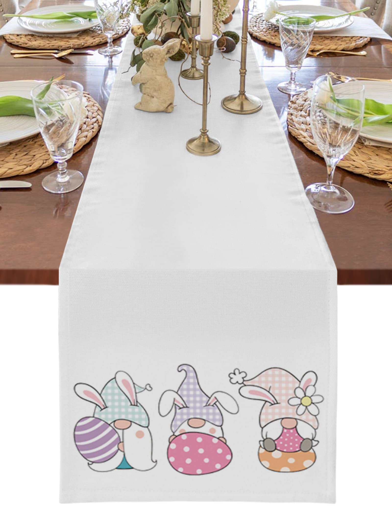 Easter Table Runner 90 Inch - Checkered Gnome with Bunny Ears & Colorful Eggs, Cotton Linen Blend Farmhouse Decor for Kitchen Dining, Coffee Table, Party, Holiday Celebration (13